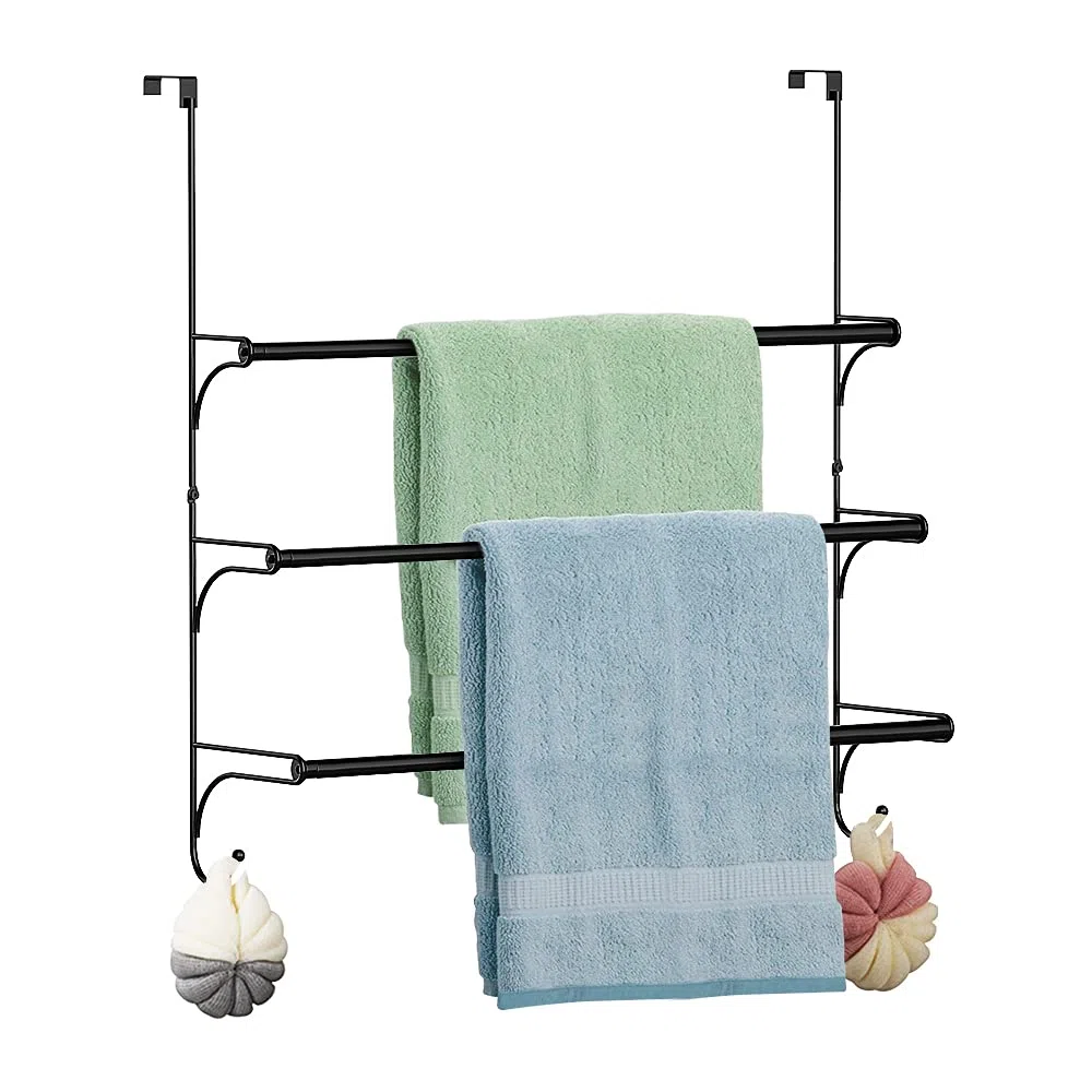 Porte-serviettes 3 couches en acier indestructible télescopique pour porte et mur - Porte-serviettes de salle de bain sans perçage - Barre pour serviettes pour salle de bain et douche, Noir