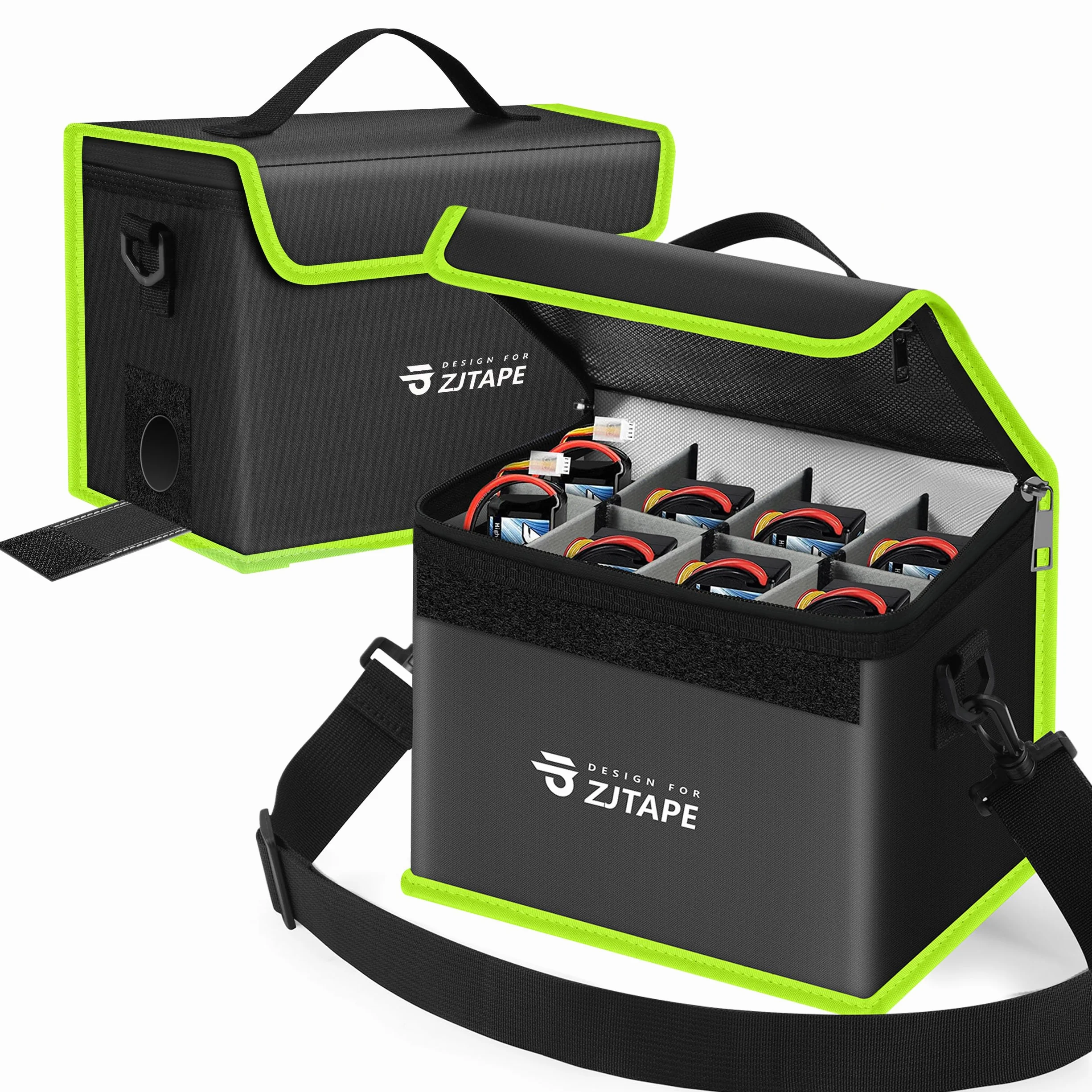 ZJTAPE Sac Lipo Sécurisé Ignifuge, Grand Espace de Stockage, Coffre-Fort, Sac de Batterie Réglable (Noir, Vert)