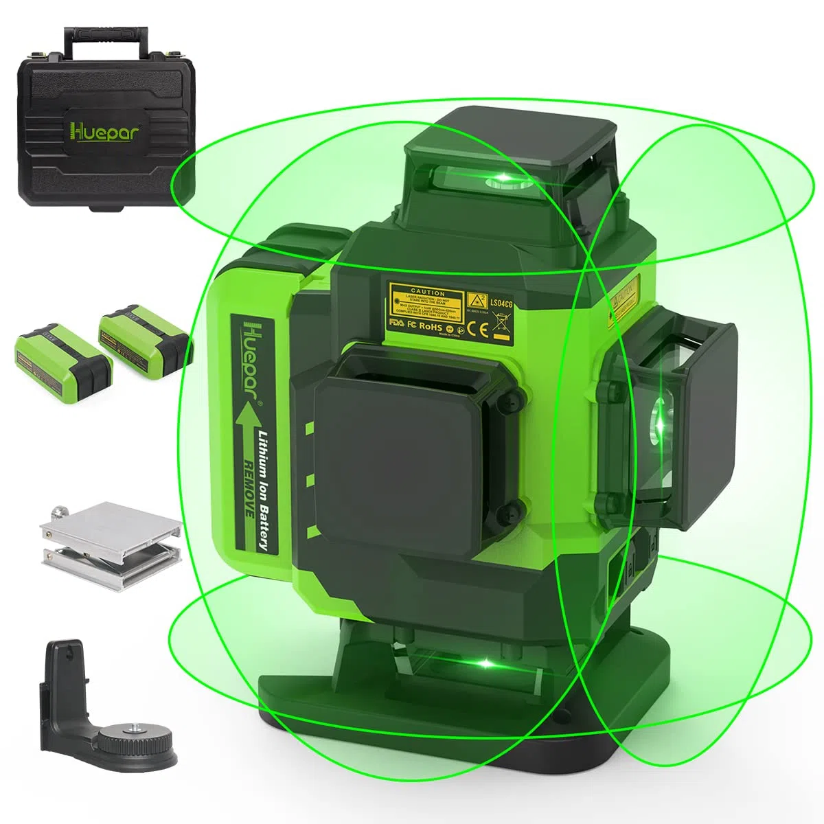 Niveau laser 360 autonivelant, Huepar 4x360 niveau laser 16 lignes vert 4D Croisé Lignes Laser d'extérieur rechargeable acev impulsion mode, 2 Batteries Li-ion, Support Magnétique, Transport Rigide