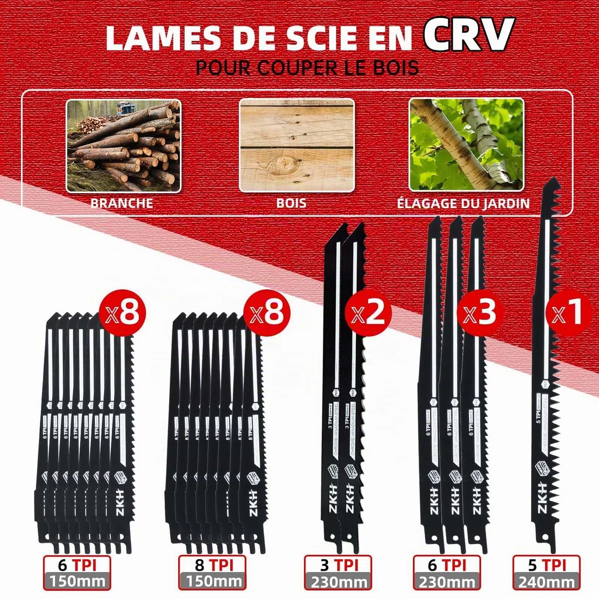 ZKH Lames de Scie Sabre 35PCS, 13pcs BI-MÉTAL et 22pcs CRV, Jeu de Lames de Scie Sabre pour Couper le Bois, le Métal, l'Acier, Scie Sabre pour des Coupes Rapides et Nettes avec Sacoche de Rangement