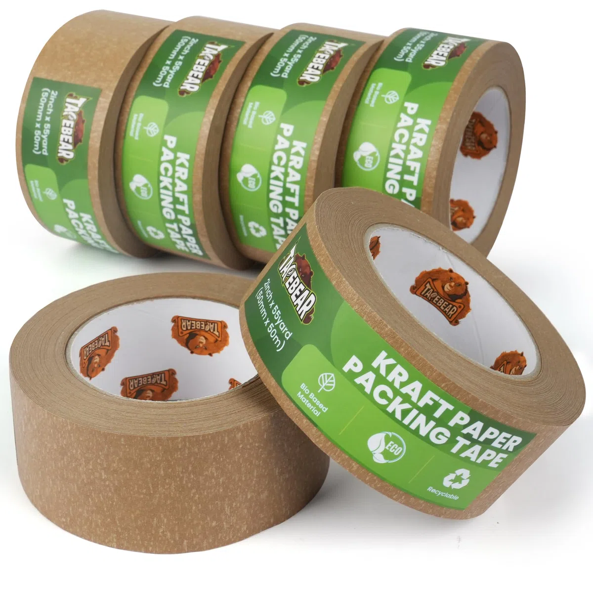 TAPEBEAR Ruban D'emballage en Papier Écologique 50mm x 50m, Recyclable Marron Ruban Adhésif D'emballage, Biodégradable Kraft Ruban Adhésif, Sans Plastique, Lot de 6
