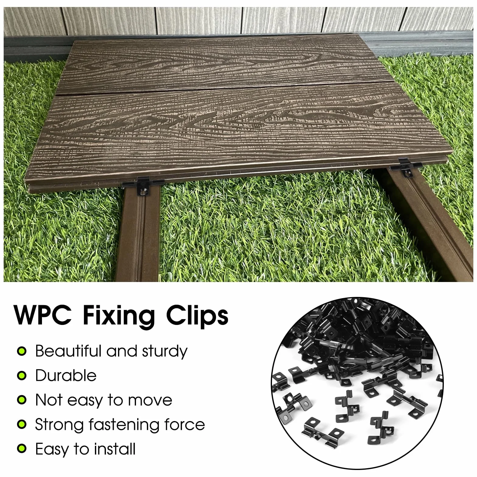Lot de 100 Clips pour terrasse 9,5 mm Fermeture pour terrasse en WPC Pince pour terrasse en acier pour terrasse en composite Fixation invisible Agrafette de fixation Plage de serrage, Noir