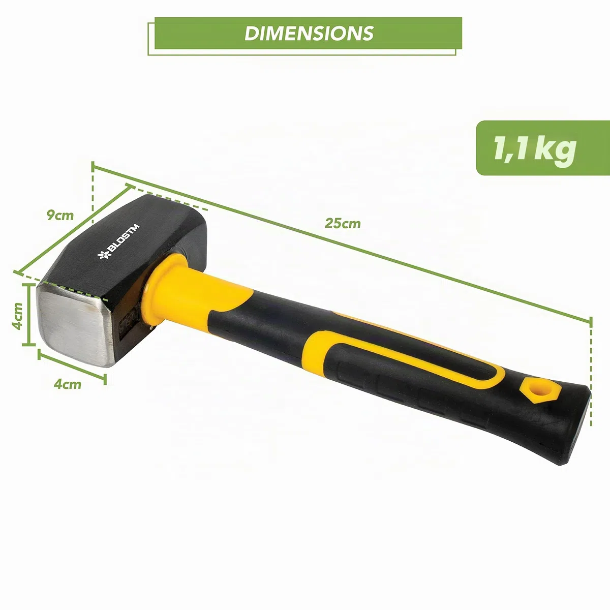 BLOSTM Massette 1.1kg avec Manche en Fibre de Verre - 2.5 lb à Toute Épreuve Maillet avec Poignée Ergonomique Antidérapante - 2.5lb / 1100g