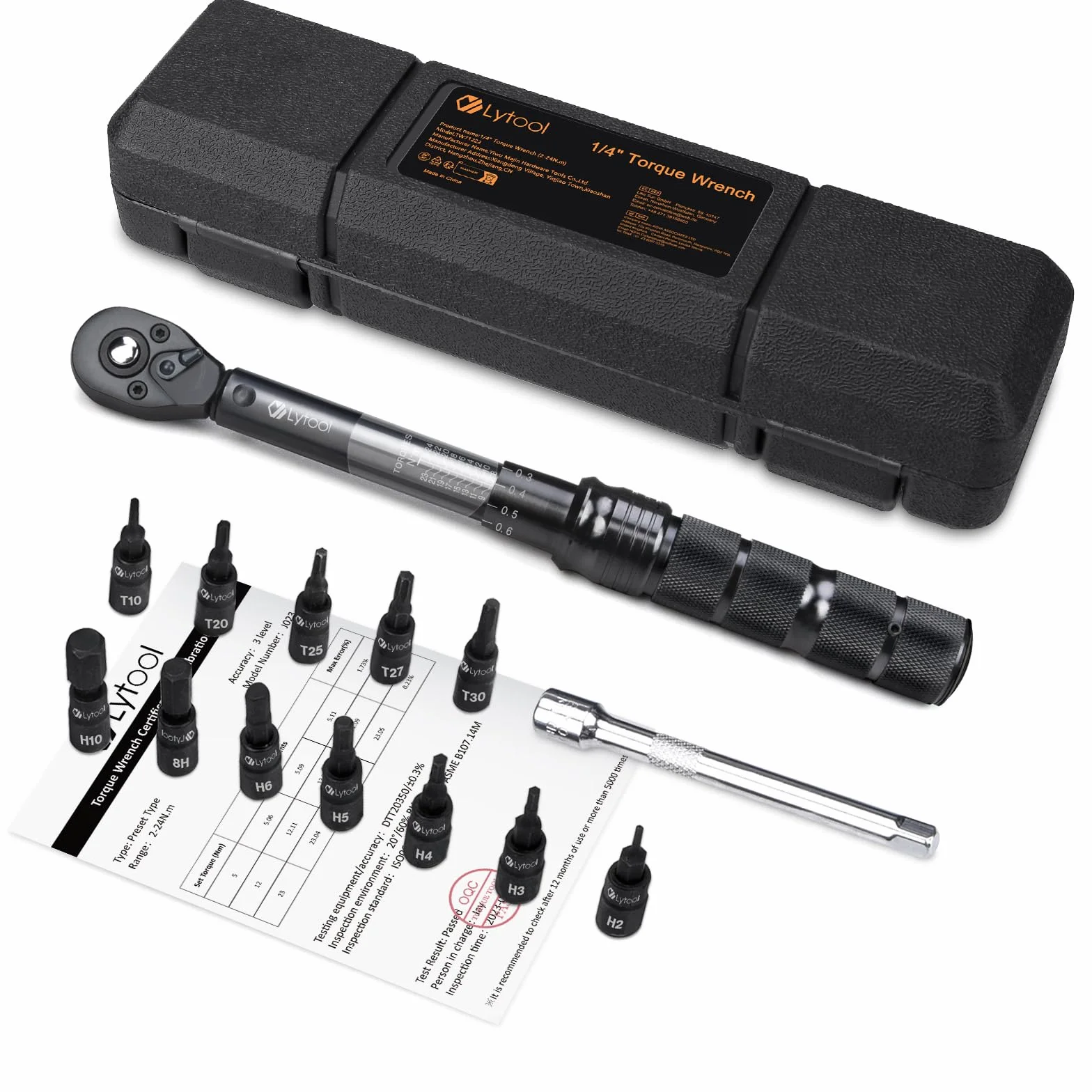 Lytool Clé Dynamométrique Velo 1/4", 2-24 Nm Clé Dynamométrique Moto | Clé de Torsion, Précision ± 3%, 14 Pièces Kit D'entretien Vélos Route Montagne avec Barre D'extension, Douilles Hex et Torx