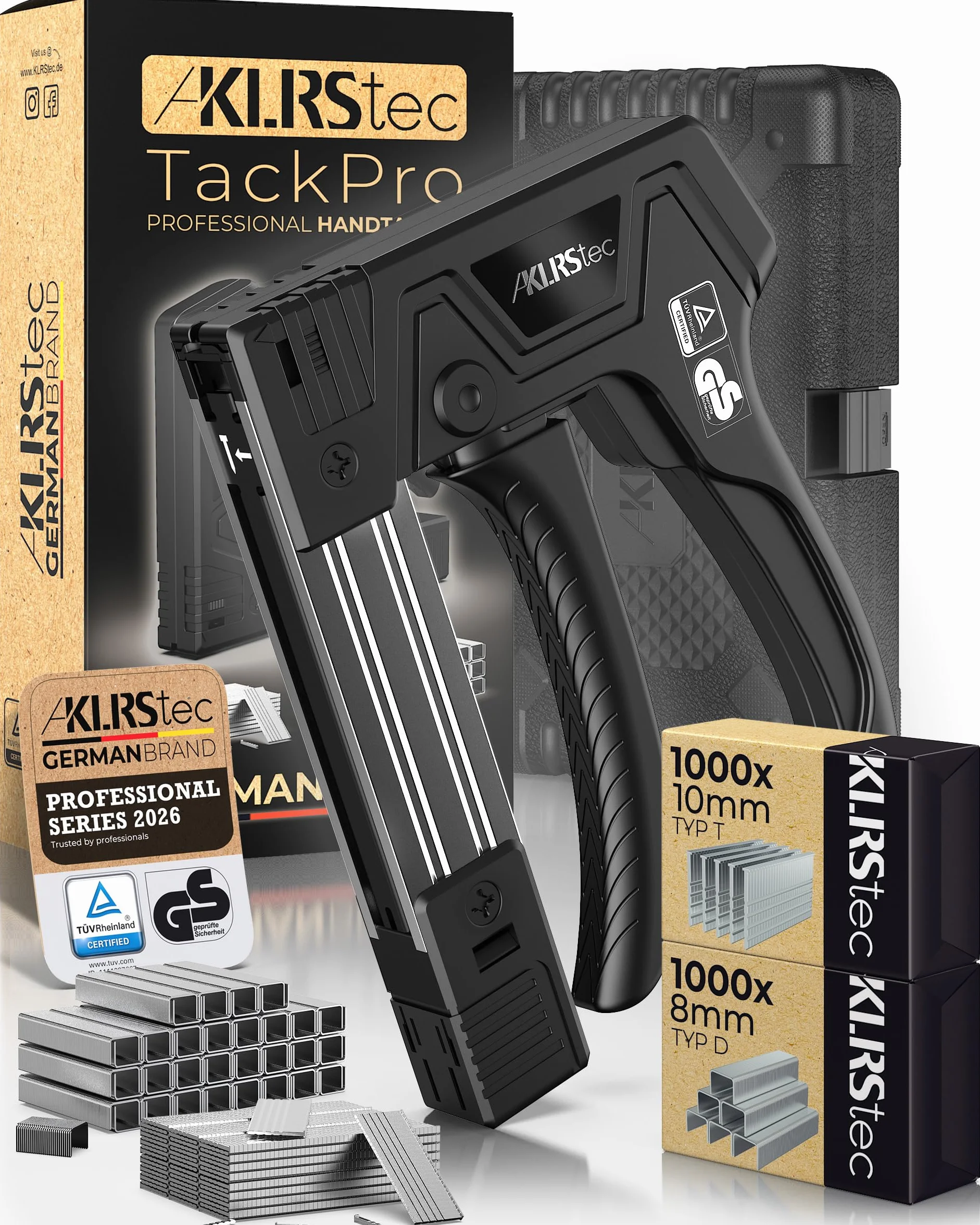 KLRStec TackPro Agrafeuse Manuelle – Tacker à Gâchette par Traction – Agrafeuse Bois & Tissu – Pistolet à Agrafes avec 2000 Agrafes Type D & T – Ergonomique, Puissante & Durable