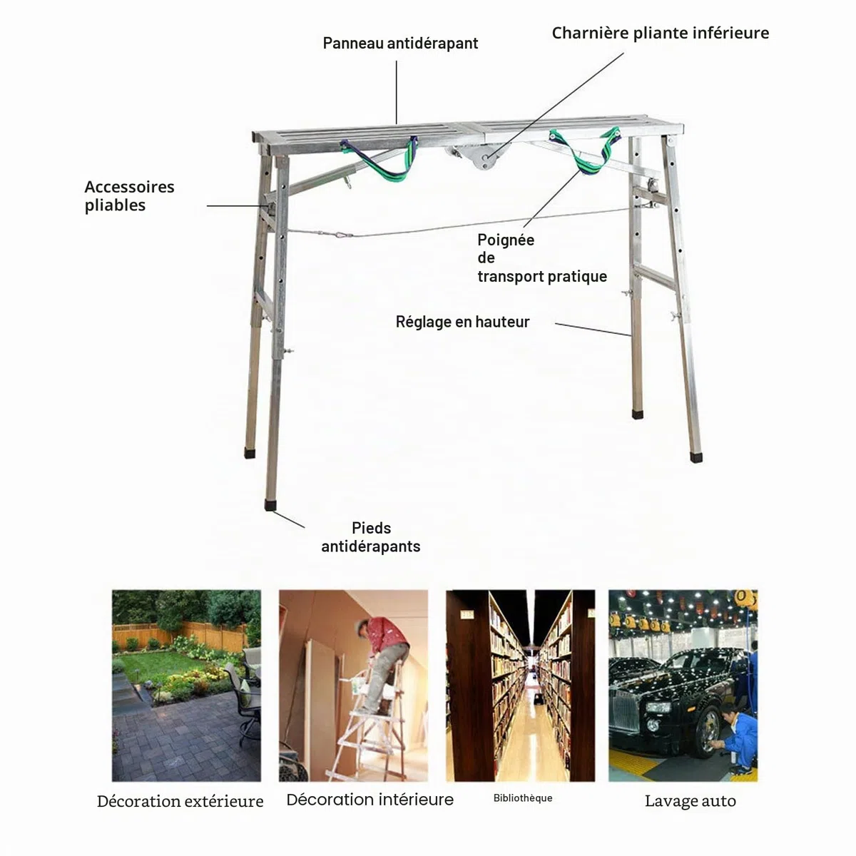 Ausla Plateforme de travail pliable réglable, structure en aluminium, banc d'échelle, pour cloisons sèches, capacité de maximale 200 kg, hauteur réglable 60 à 90 cm,