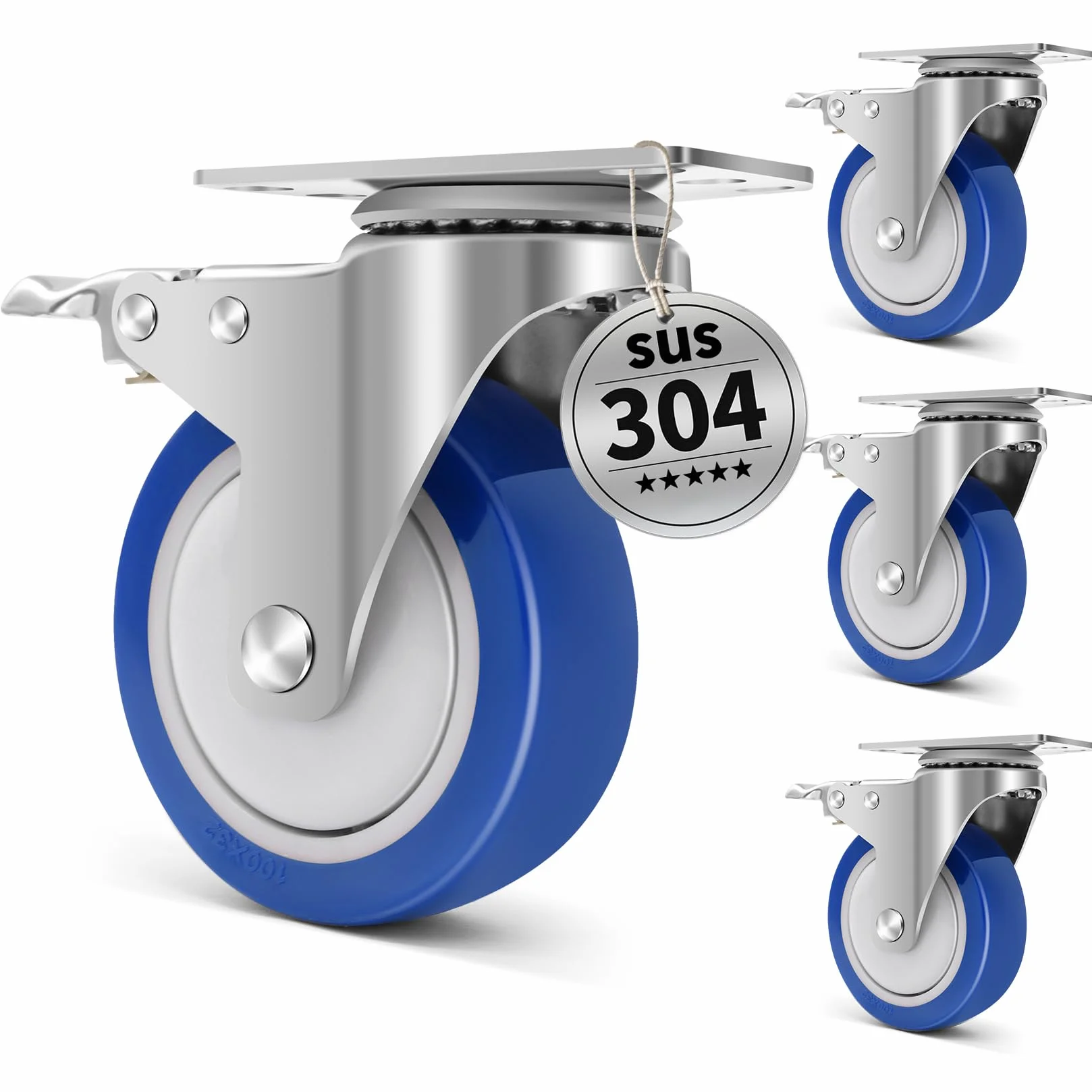 Roulettes en Acier Inoxydable avec 4 Freins, 100mm Roulettes pour Meubles, Capacité de 800kg, Roulette Résistante à la Chaleur pour Restaurant, Environnement Humide et Utilisation Médical