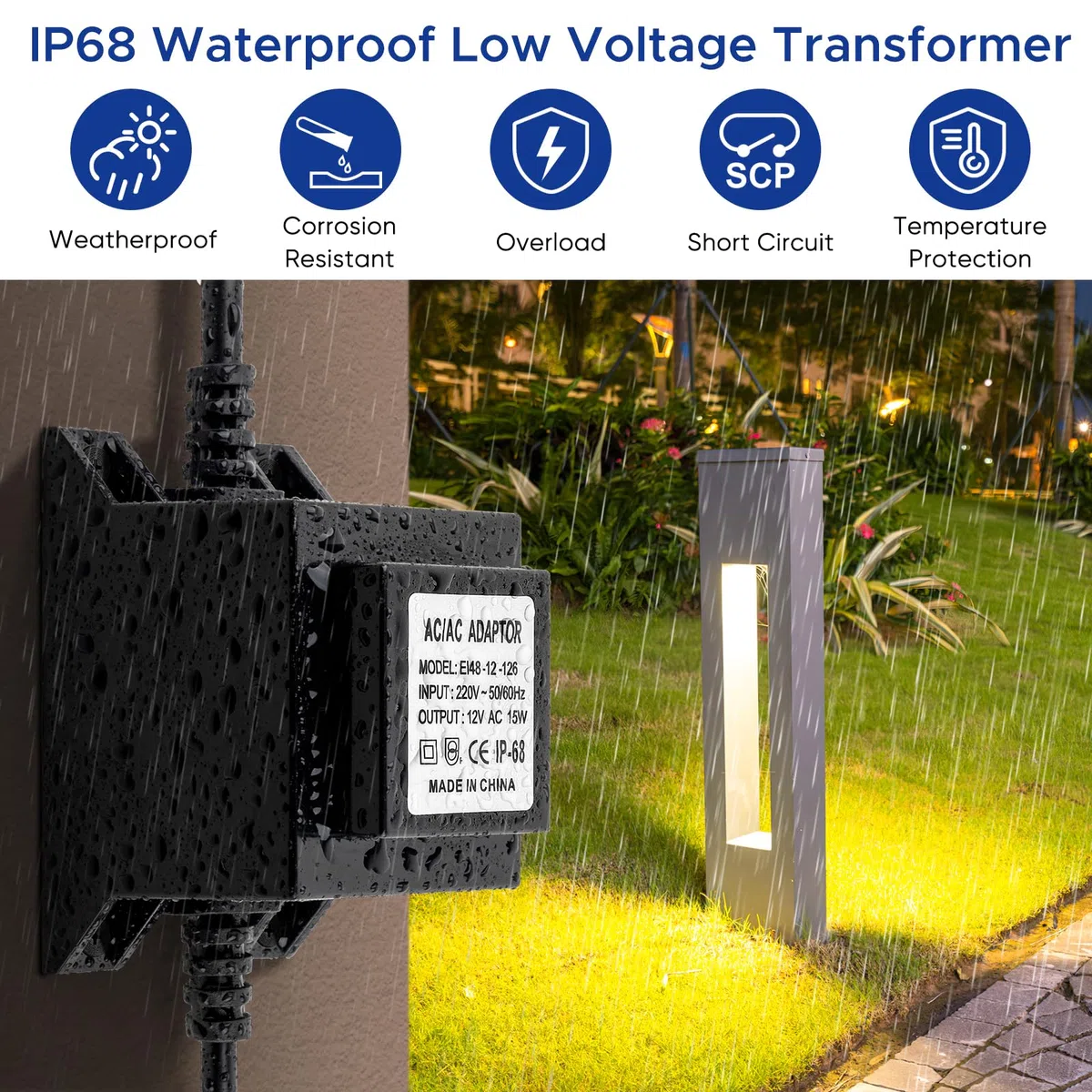 IP68 étanche Transformateur 12V Alimentation LED AC/AC 15W 1.25A Adaptateur LED Transfo pour éclairage et Pompes de Bassin