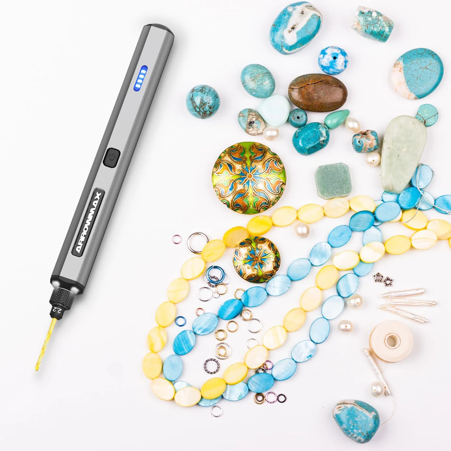 ARROWMAX Mini stylo de perceuse électrique, 13 en 1 avec étui en aluminium, rechargeable, 800 tr/min, kit de perceuse à main, 10 embouts HSS, bricolage, bois, fabrication de bijoux (SDS MINI)