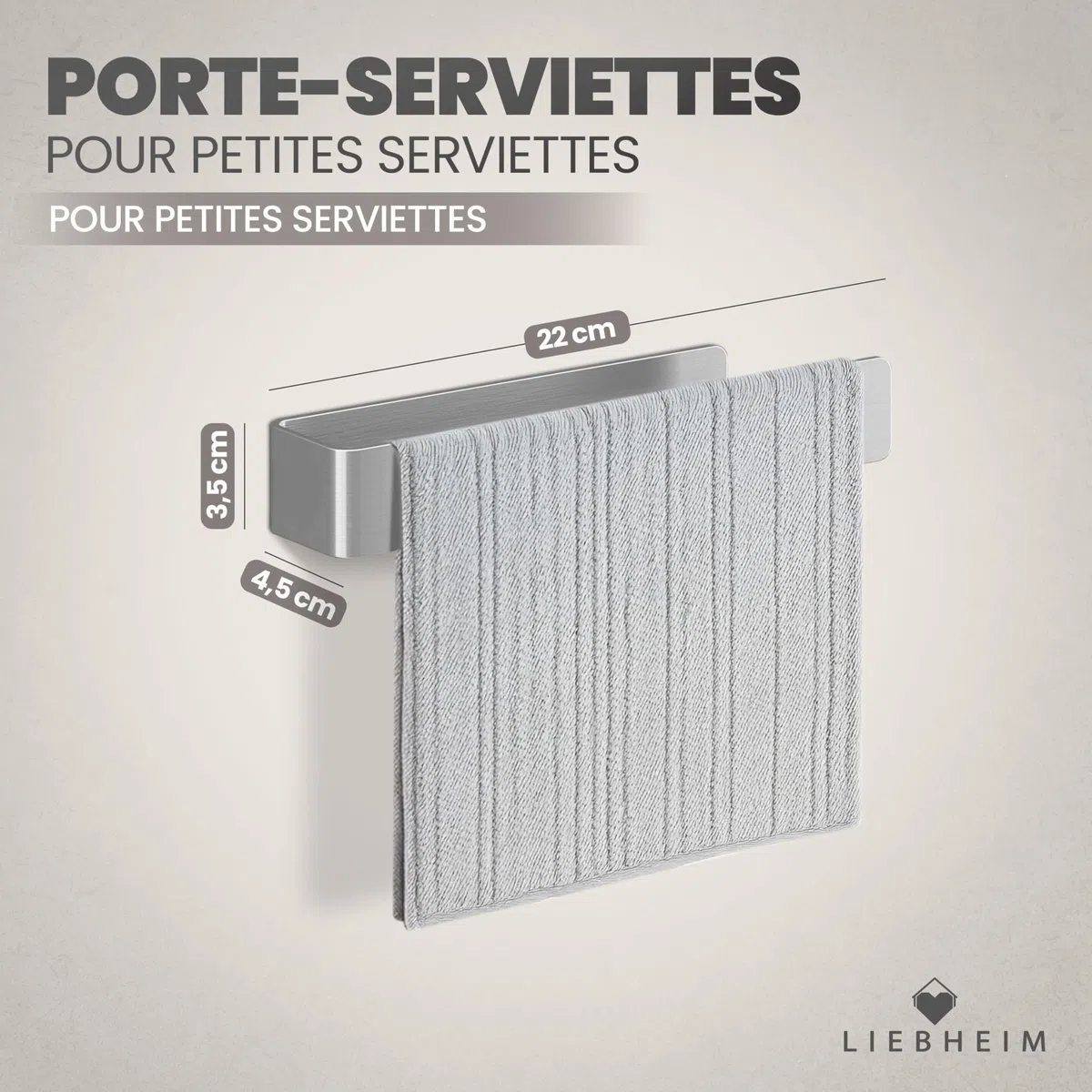 LIEBHEIM Porte-Serviette Salle de Bain - Porte Serviette Mural sans Percage - Support Serviette Salle de Bain - Porte Torchon (Acier Inoxydable Brossé 22 cm)
