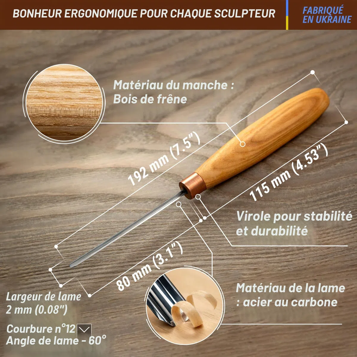 BeaverCraft Sculpture sur bois Gouge en V K12/02 Ciseau à main pour le travail du bois Couteau compact pour la sculpture sur bois pour débutants et professionnels
