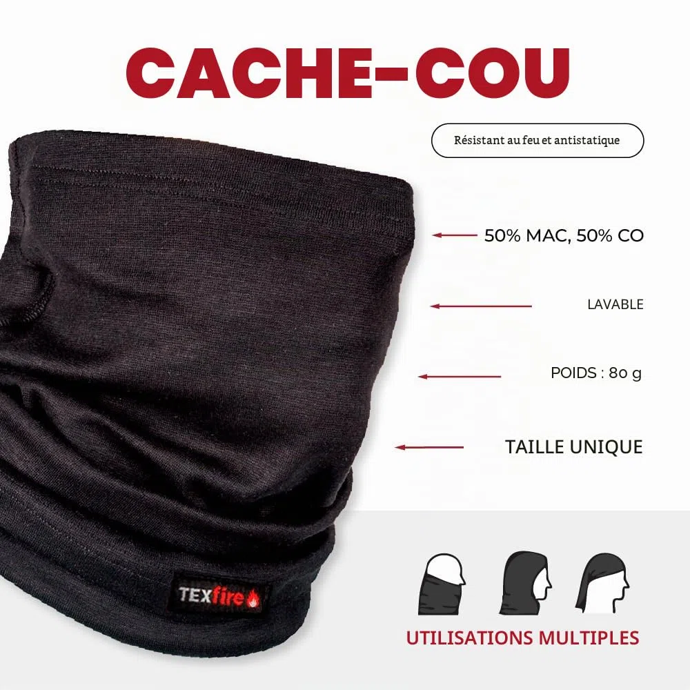 TEXFIRE | Tour de cou ignifuge pour soudeur. Protection contre les étincelles de soudure. Certifié CE et EPI CAT II. Respirant et très élastique.