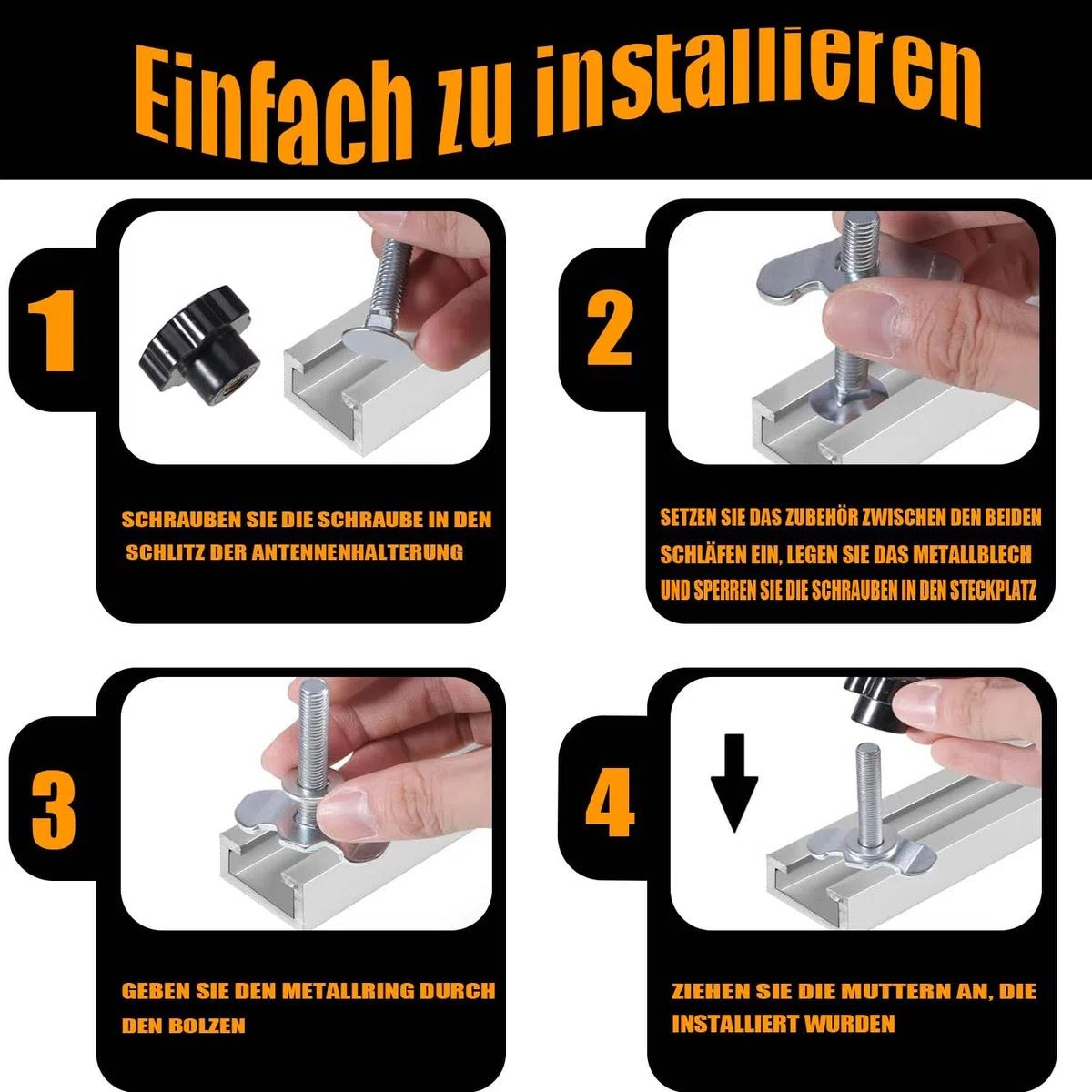 Fixations à vis M8x60 pour Rails d'arrimage, 12 pièces, Noir | fixations à vis avec poignée en étoile pour rails d'arrimage, accessoires pour camping-cars