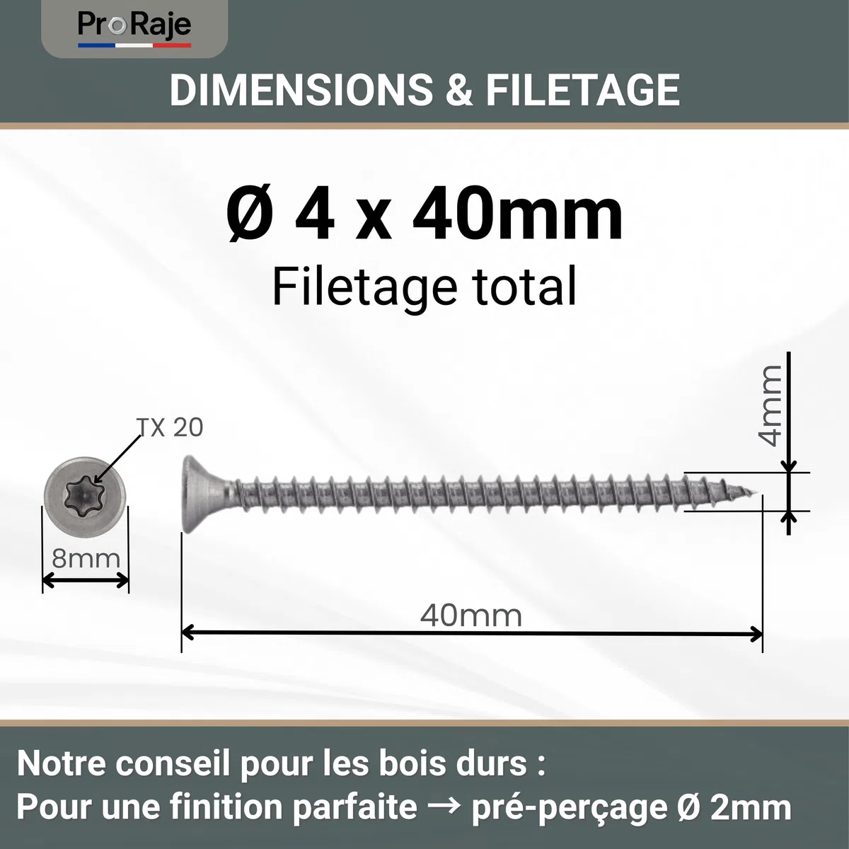 Vis à bois INOX A2 : 4 x 40 mm | Tête fraisée empreinte TORX (TX) | Acier inoxydable A2 (V2A / AISI 304) | construction/aggloméré/terrasse/etc : LOT DE 500 Pcs