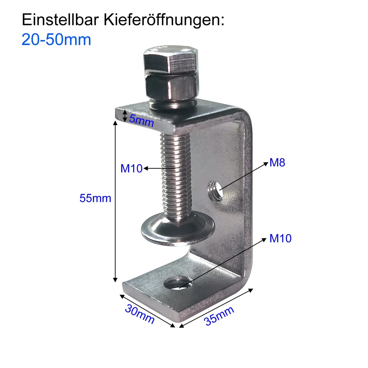 Lot de 6 serre-joints en C en acier inoxydable - Petite pince en C - Plage de serrage réglable de 20 à 50 mm - Ouvertures de mâchoire en C de 55 mm avec vis à anneau M8 M10 pour le travail du