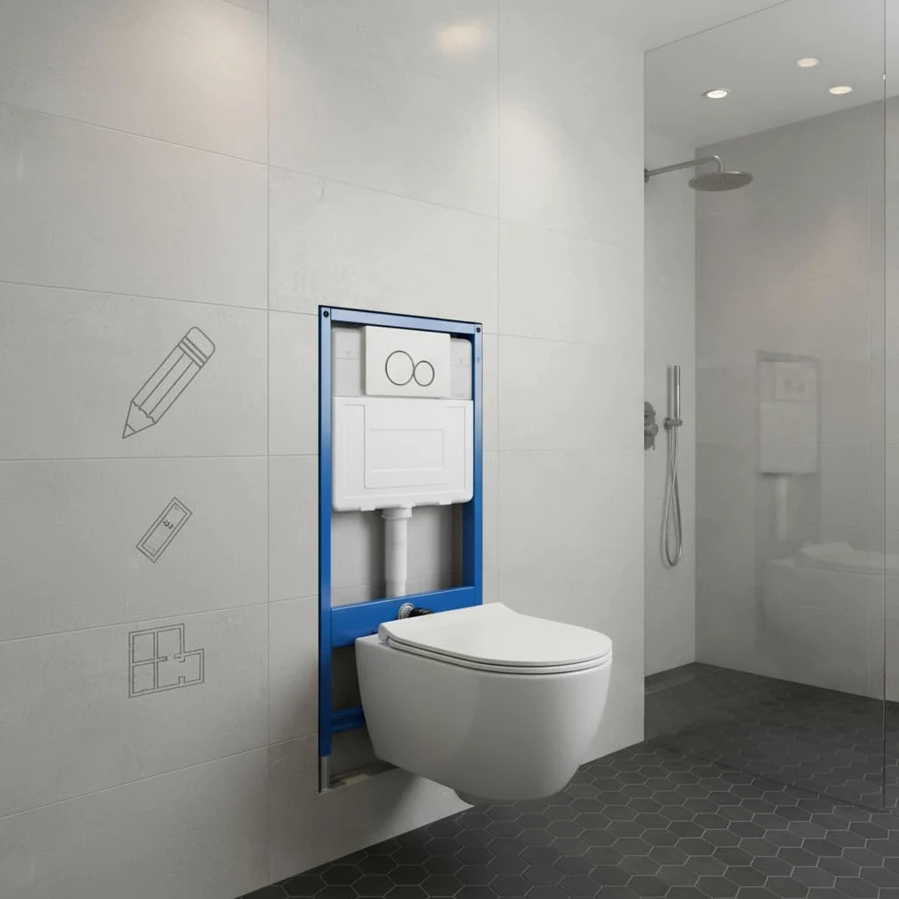 Toilettes suspendues sans réservoir d'eau – Toilettes suspendues, système de chasse d'eau (réservoir d'eau)