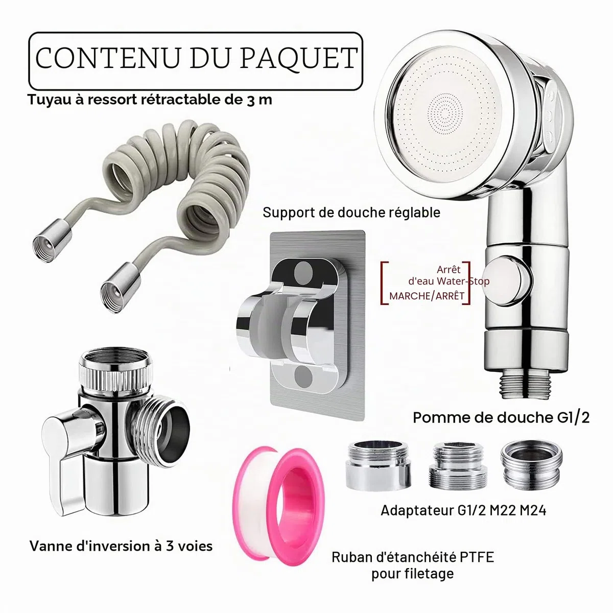 3 Modes Douchette Lavabo Salle de Bain avec Tuyau Télescopique de 2m et Support, Ensemble Pommeau Douche pour Lavabo avec 3 Voies Valve Inverseur de M22-24 G1/2(Gris Tuyau)