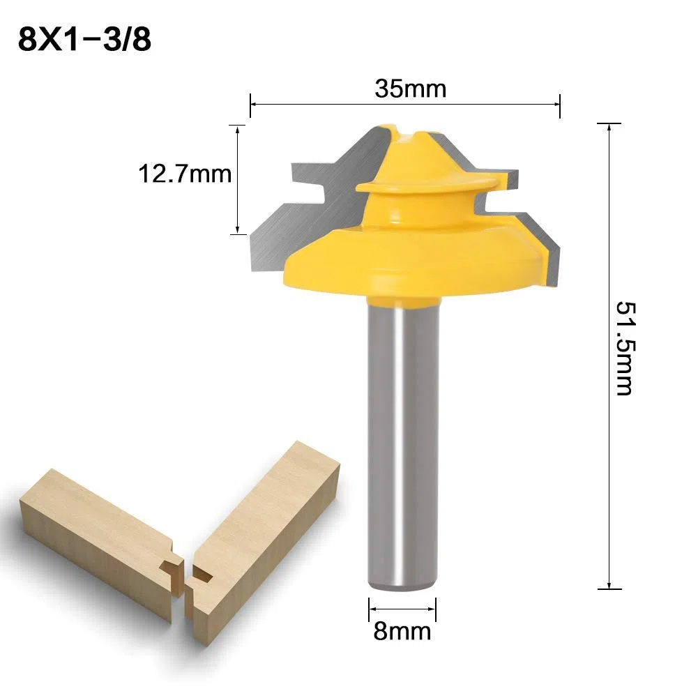 8mm Tige Fraises à Rainurer Set, 3 pièces Fraise à Onglet de 45º, 45 degrés fraise verrouillage set, pour le bois DIY meubles