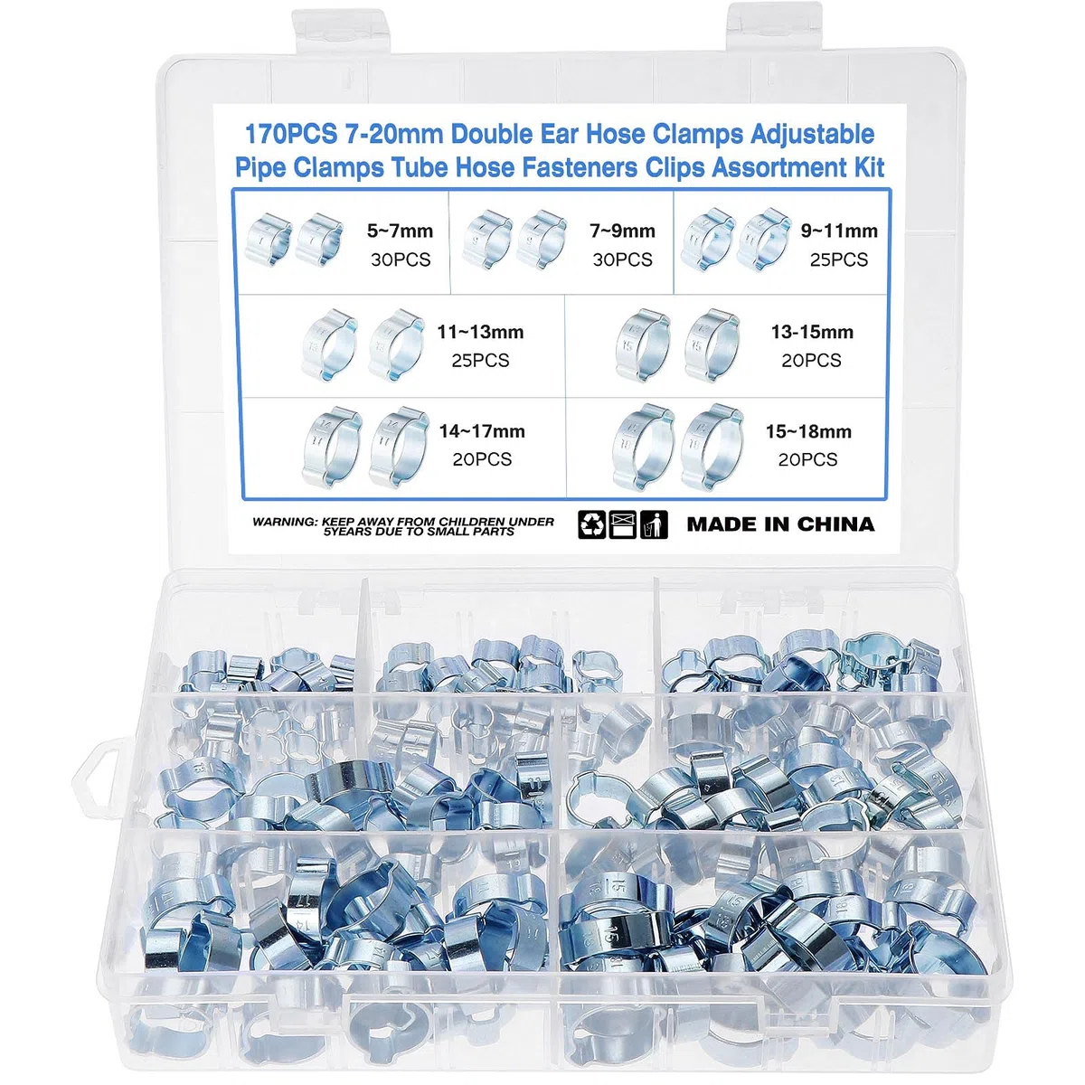 Faankiton170 PCS 5-18 mm Double Oreille O Clips pinces de tuyau, Réglable Double Oreille Colliers De Tuyauterie, Pinces de Fixation de Tuyau