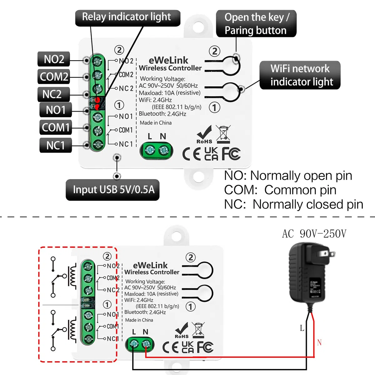 DieseRC Interrupteur Intelligent WIFI 2 canaux, AC 90V-250V 220V Sortie Passive Module Relais, Ewelink APP Contrôle WIFI compatible avec Alexa/Google Home, commutateur Inching/autobloquant