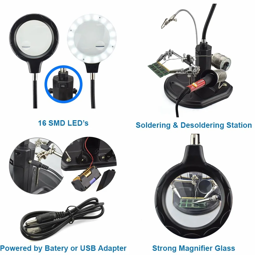 MMOBIEL Troisième main Robuste avec Loupe 2.5X à 4X, Lampe LED, Support Fer à souder avec Pinces et clips de soutien