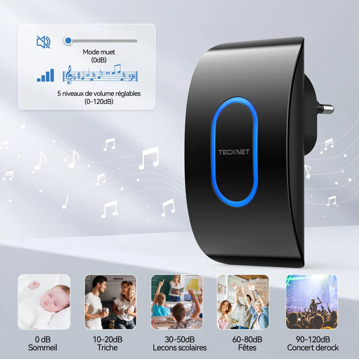 TECKNET Sonnette sans Fil Exterieur Etanche avec 2 Récepteurs, Portée de 400M, IP65 Etanche Carillon, 60 Mélodies et 5 Niveaux Volume, Indicateur LED Bleu, pour Maison, Hôtel -Noir