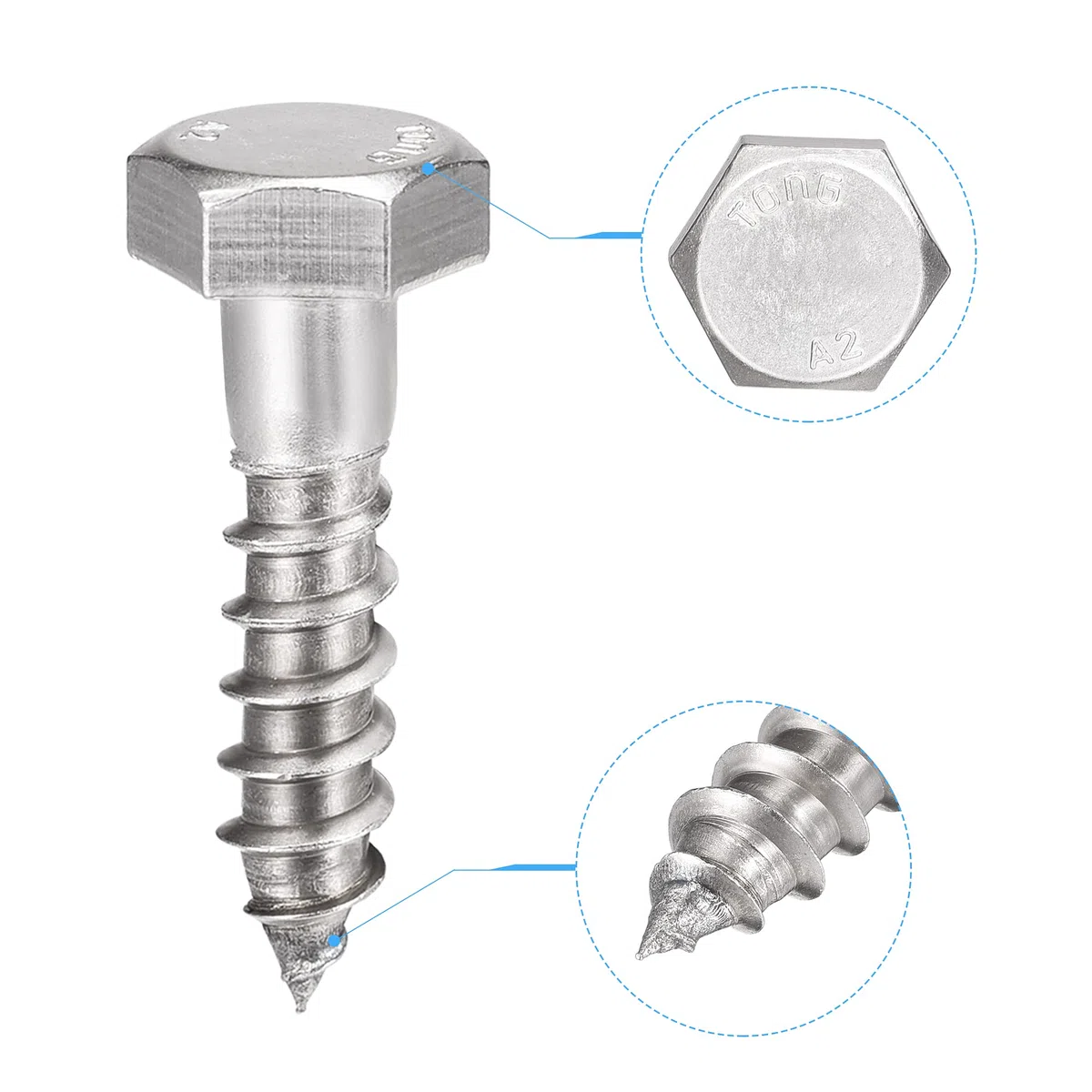 sourcing map Hexagonal Tire-fond M10 x 40mm 304 Inox Acier Demi-fil Autotaraudeuse Boulons pour Bois Vis 10Pcs