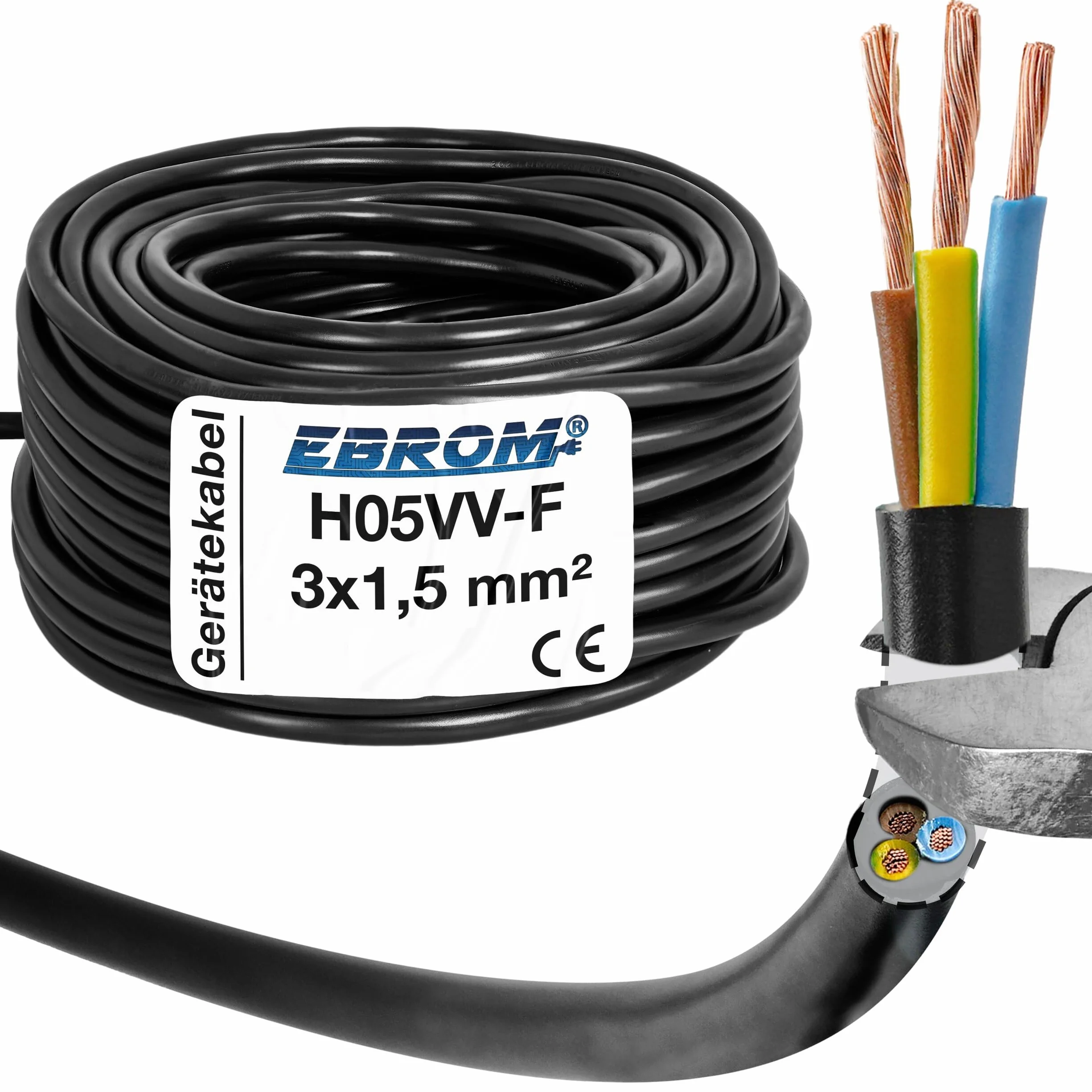 Câble flexible H05VV-F 3G1,5 mm² – 3 x 1,5 mm² – Noir – 5/10/25/50 ou 100 m au choix – votre choix : 3 x 1,5 mm² – Longueur : 10 m