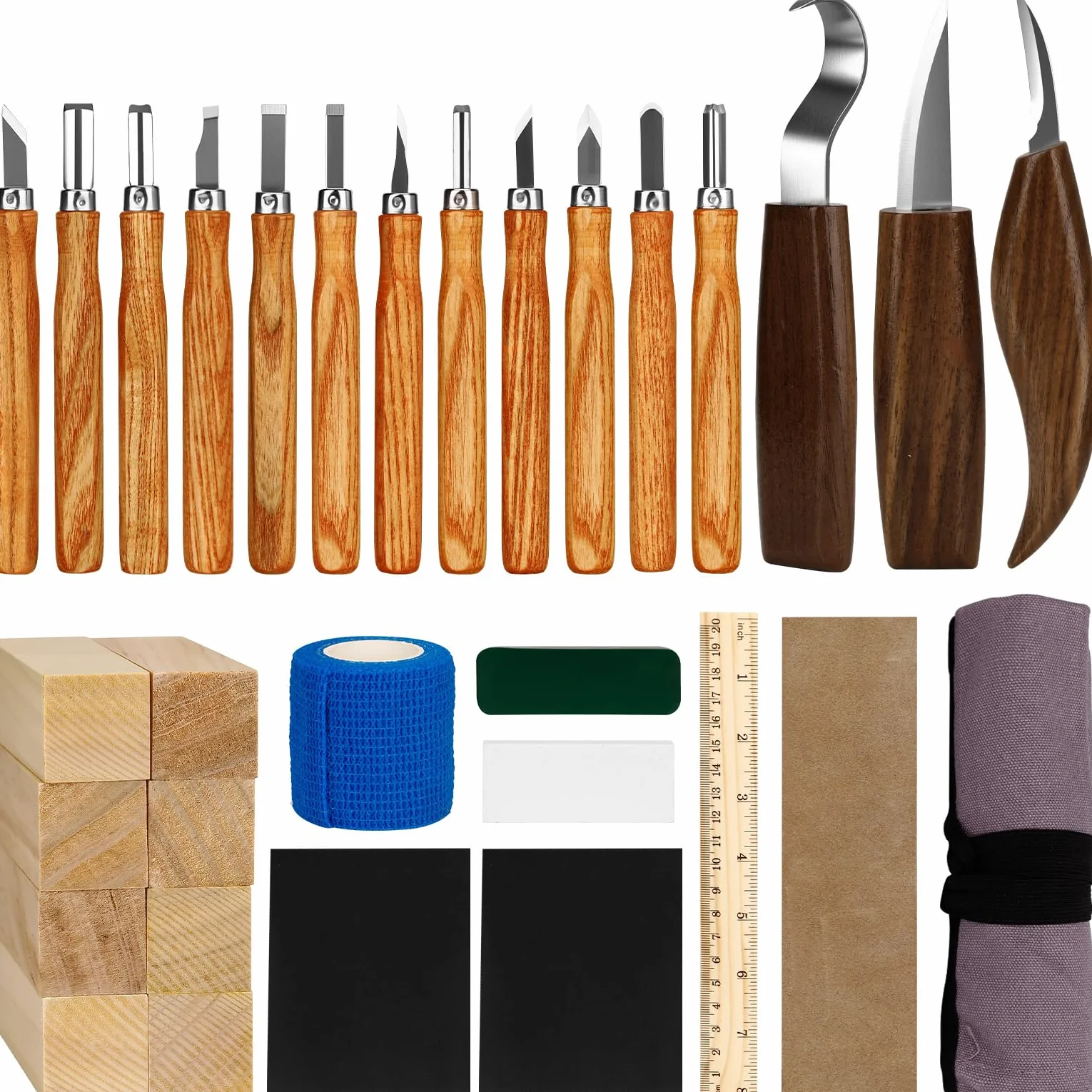 TOSUTOKit de Sculpture sur Bois 33 Pièces avec blocs de bois,couteaux et accessoires pratiques pour sculpter en toute sécurité et de manière créative.parfait pour les débutants et comme cadeau créatif