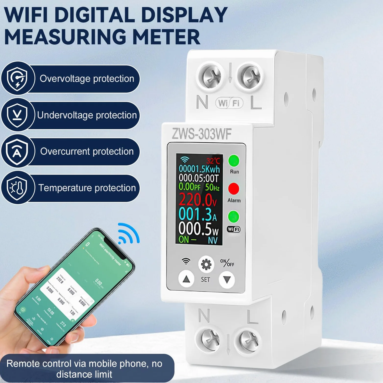 Compteur electrique connecté 63A TUYA compteur électrique wifi Intelligent compteurs d'énergie monophasé AC80-300V avec Protection contre les fuites de surcharge de surintensité ZWS-303WF