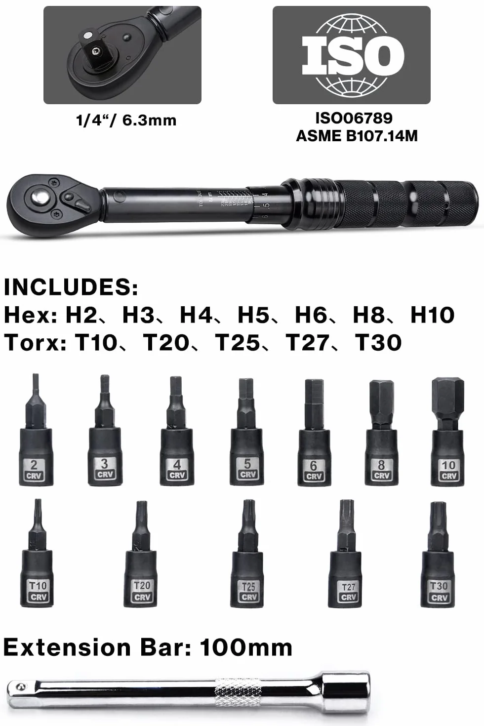 Lytool Clé Dynamométrique Velo 1/4", 2-24 Nm Clé Dynamométrique Moto | Clé de Torsion, Précision ± 3%, 14 Pièces Kit D'entretien Vélos Route Montagne avec Barre D'extension, Douilles Hex et Torx