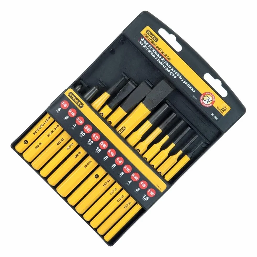 STANLEY 4-18-299 Jeu De Pointeaux Et Burins 12 Pièces - Acier Chrome Vanadium Durci Et Trempé - Finition En Laque De Poudre