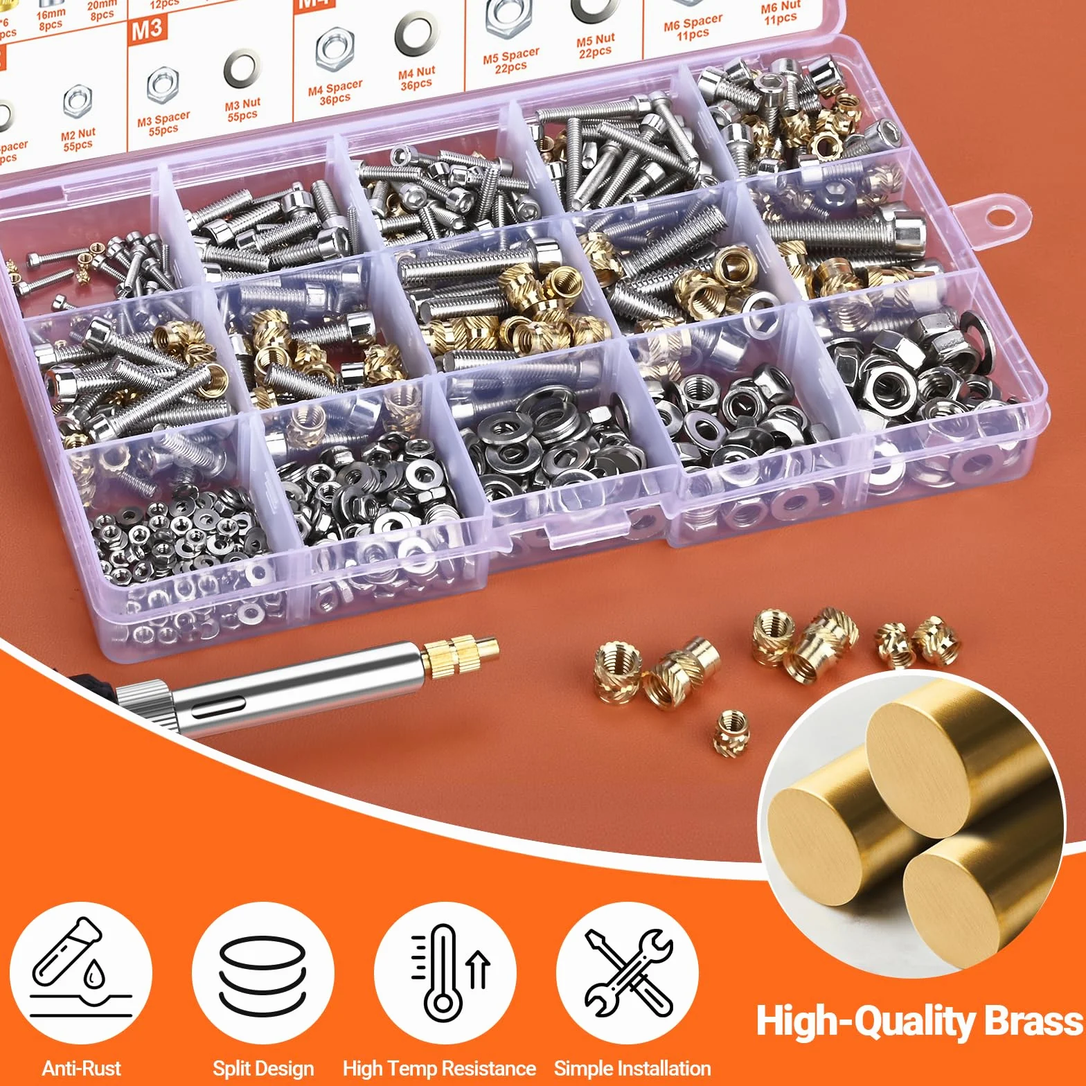 M2-M6 Insert Fileté Metal,Preciva 716Pièces Inserts Filetés,Kit de Fer à Souder pour Insert Impression 3D,M2-M6 Écrou Stable pour Plastique,Pièces en Laiton Imprimées en 3D par Fusion Thermique