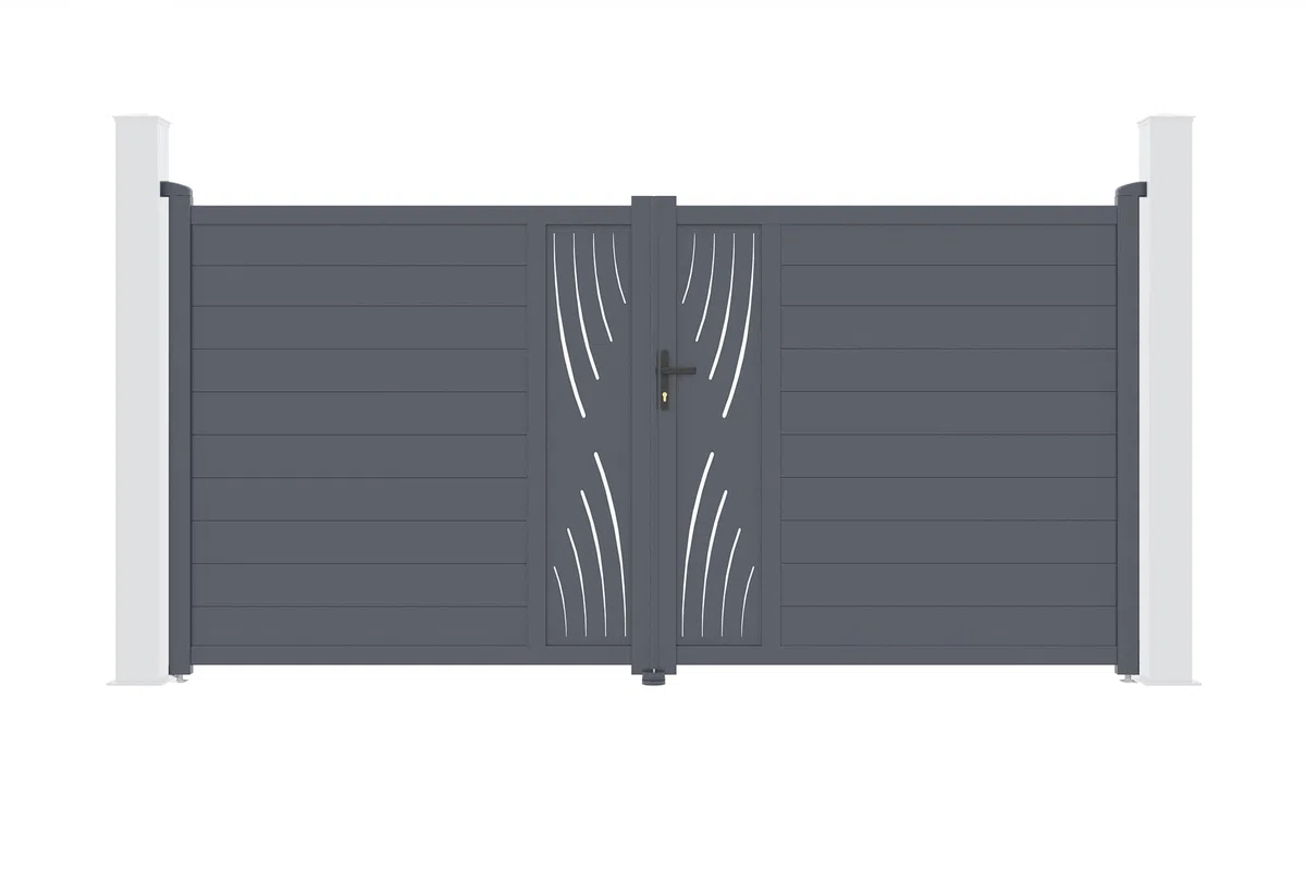 Casanoov - Portail Battant Aluminium VELETA - 350 x 176 cm - 3,5 m x 1,76 m - 6,16 m² - Gris Anthracite RAL 7016 - Motif Nature - Deux Vantaux - Résistance Vent 55 km/h - Kit Complet Serrure Barillet