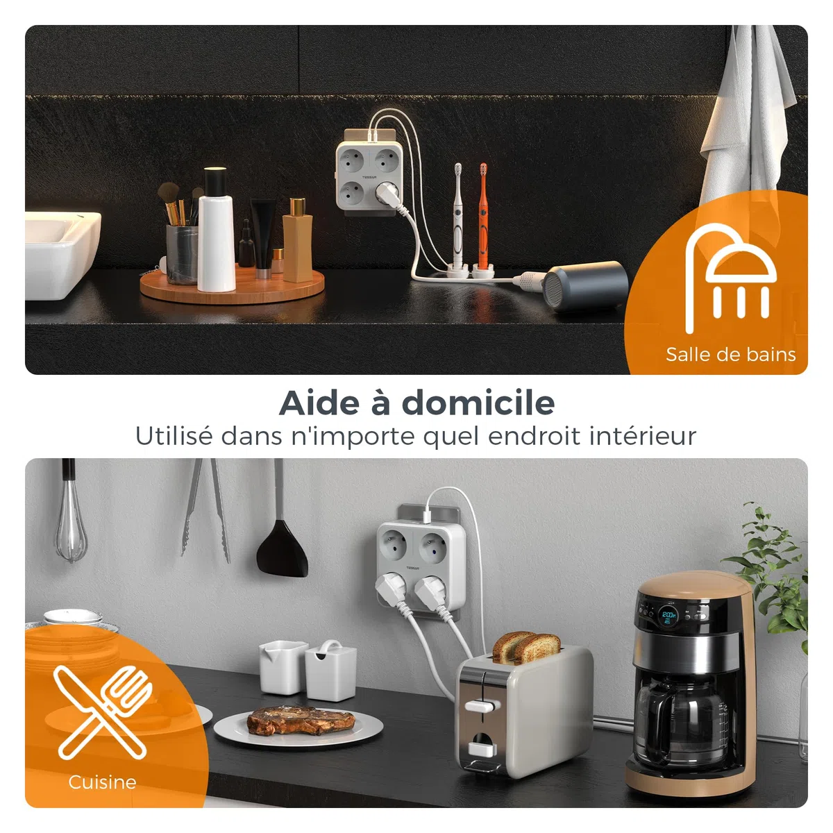 TESSAN Multiprise Murale Française avec 4 Sortie AC et 3 Ports USB, 7 en 1 Prise Électrique 4000W avec Interrupteur, Secteur USB C Gris Convient pour Domicile, Bureau, Compatible pour Phone, Pad
