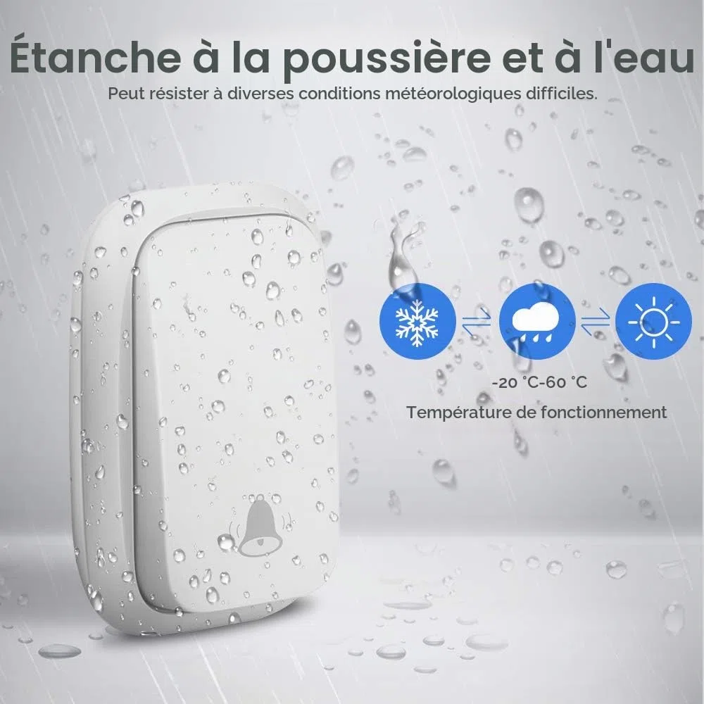 Sonnette sans Fil, PDGROW Sonnette Auto Alimentée sans Batterie Requise Carillon de Porte sans Fil, Bouton Poussoir étanche à 150m de Portée avec 38 Carillons, Volume à 4 Niveaux et LED - Blanc