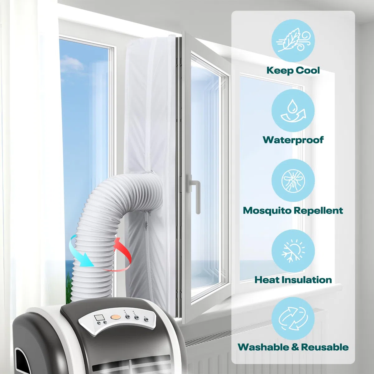 Mrrihand Kit Calfeutrage Climatiseur Fenêtre Joint 400cm avec Fermeture à Glissière, Liens de Fixation, Bande Adhésive, Joint de Fenêtre pour Climatisation Mobiles étanche, Facile à Installer