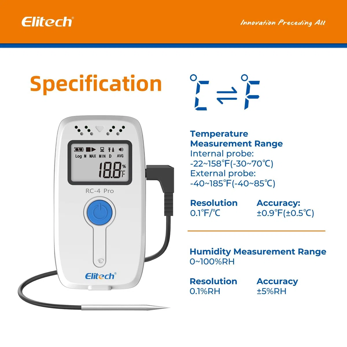 Elitech RC-4 Pro Enregistreur de Température USB, Data Logger pour Réfrigérateur Médical, Stockage Vaccins, Surveillance Chaîne du Froid 64 000 Données, Exportation Auto PDF/CSV
