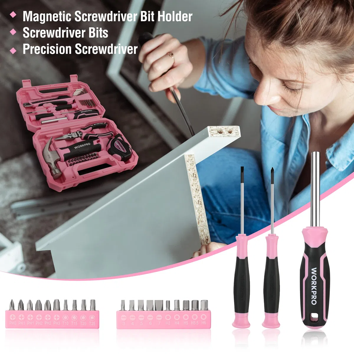 WORKPRO Caisse à Outils Rose 35 Pièces, Trousse à Outils avec Boîte de Rangement, Mallette Outils Rose pour Usage Domestique ou Petits Travaux | Trousse à Outils avec Boîte de Rangement, Mallette Outils Rose pour Usage Domestique ou Petits Travaux