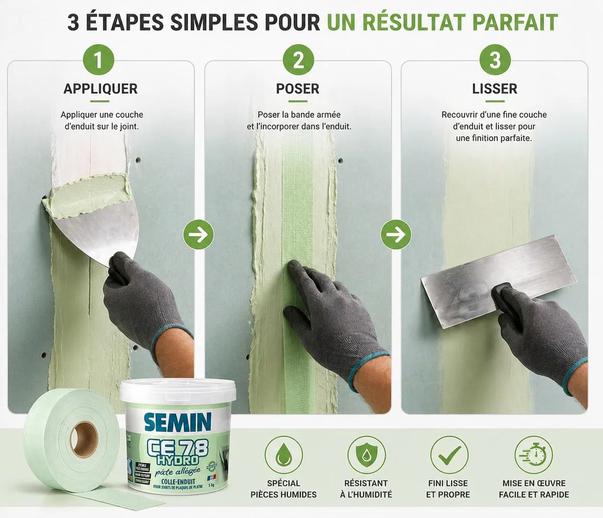 SEMIN Enduit pièce humide CE 78 Hydro 5 kg + bande à joint hydrofuge 30 m – salle de bain et cuisine – 10 m²