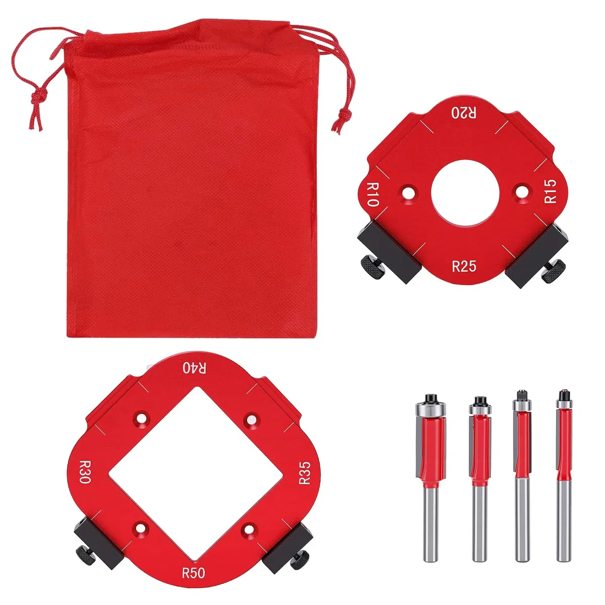 2 Pièces Gabarit Defonceuse a Bois, R10 R15 R20 R25 R30 R35 R40 R50 Gabarit de Toupie avec 4 Fraise Defonceuse, Gabarit de Défonceuse Cercle 4 en1 pour Bricolage du Bois