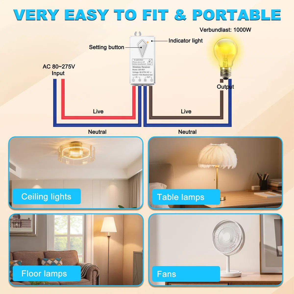 Interrupteur sans fil 230 V NineLeaf - Avec télécommande - Interrupteur de lumière sans fil - Étanche IP66 - Convient pour lampe de 1000 W (1 petit récepteur radio, 2 interrupteurs)