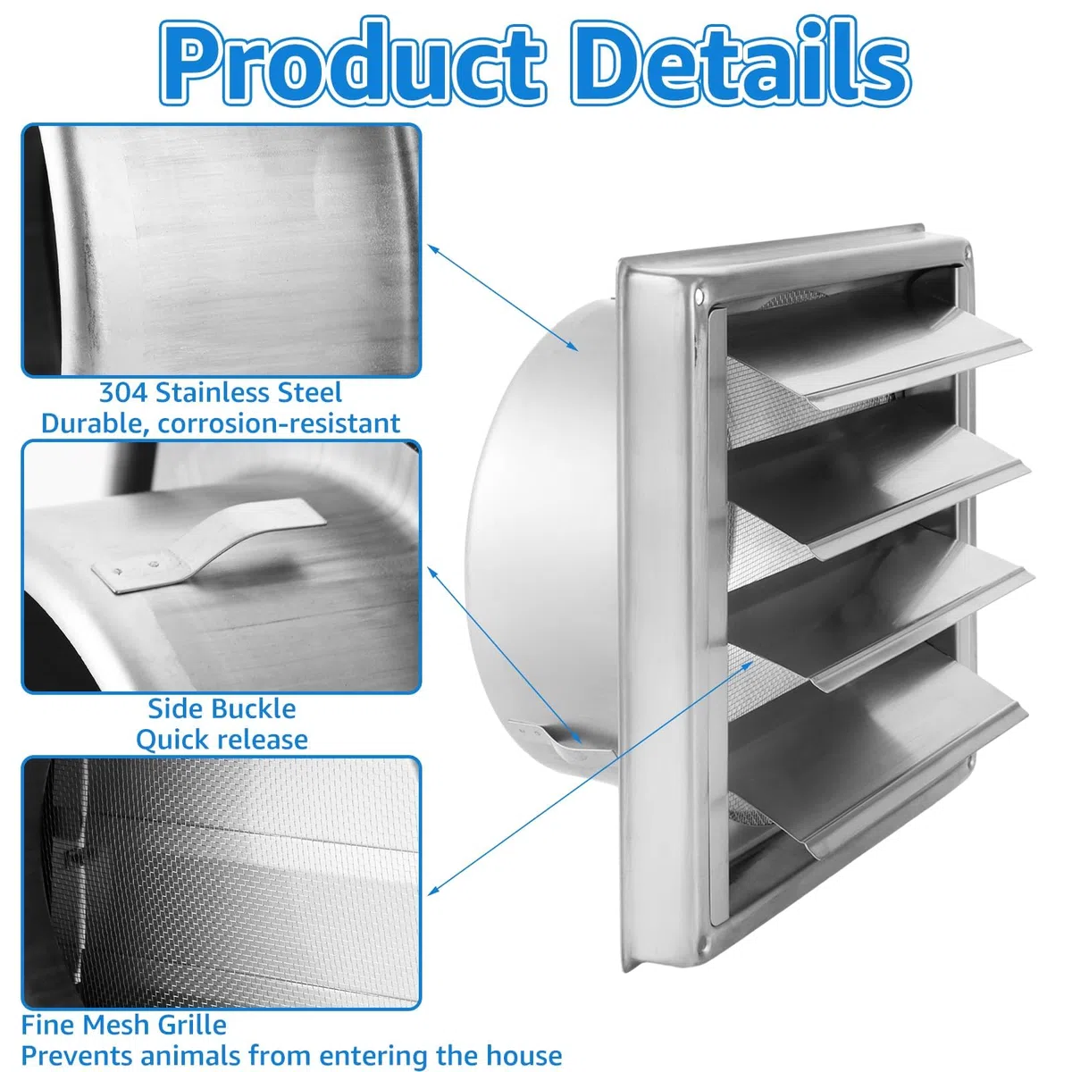 YAYODS Grille de Ventilation Extérieure 150mm en Acier Inoxydable, Grille d Aération avec Volets Mobiles et Clapet Anti-Retour, Bouche d Extraction avec Moustiquaire pour Cuisine, Hotte et Sèche-linge
