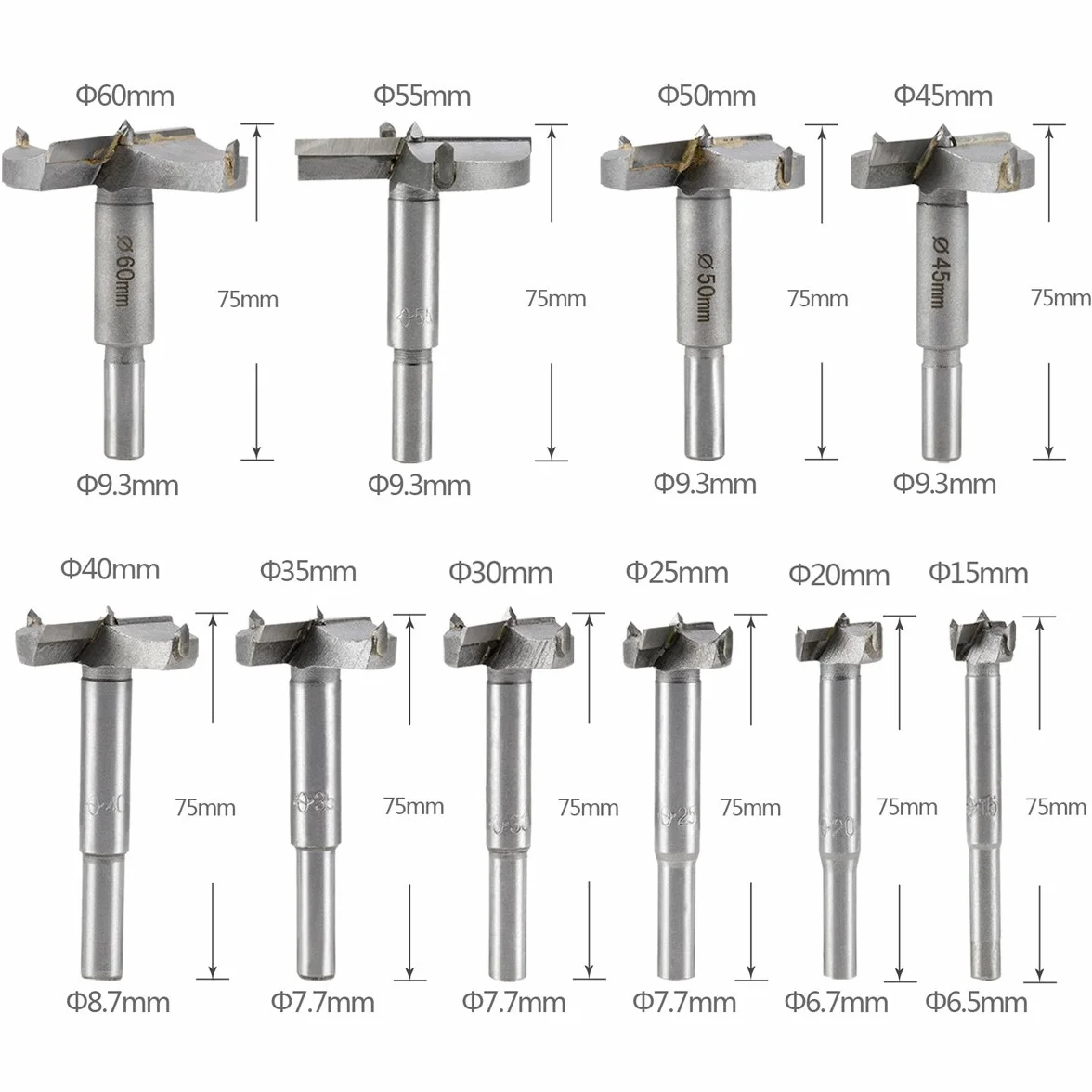 LAOYE 10 Pcs Mèche Bois 15-60mm Carbure Foret Meche à Façonner Fraise Perceuse 15mm 20mm 25mm 30mm 35mm 40mm 45mm 50mm 55mm 60mm