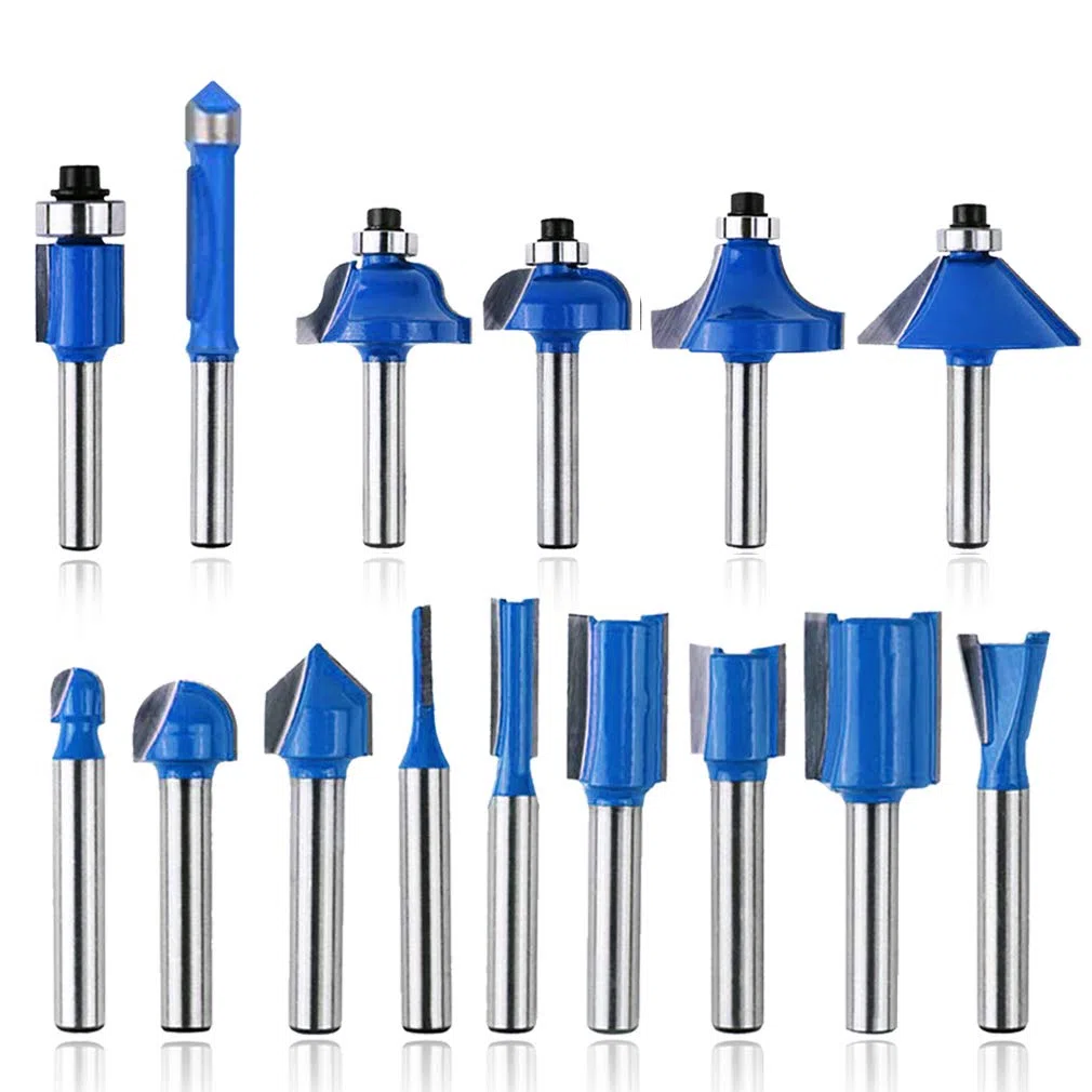 15 pièces Bits de routeur, 1/4 "(6,35 mm) Jarret Tungstène Carbure Outil de coin de coin, Langue de foret de cannelure pour Aggloméré, Fraisage du bois Coupeur, Fraise Defonceuse, Chanfrein Bit