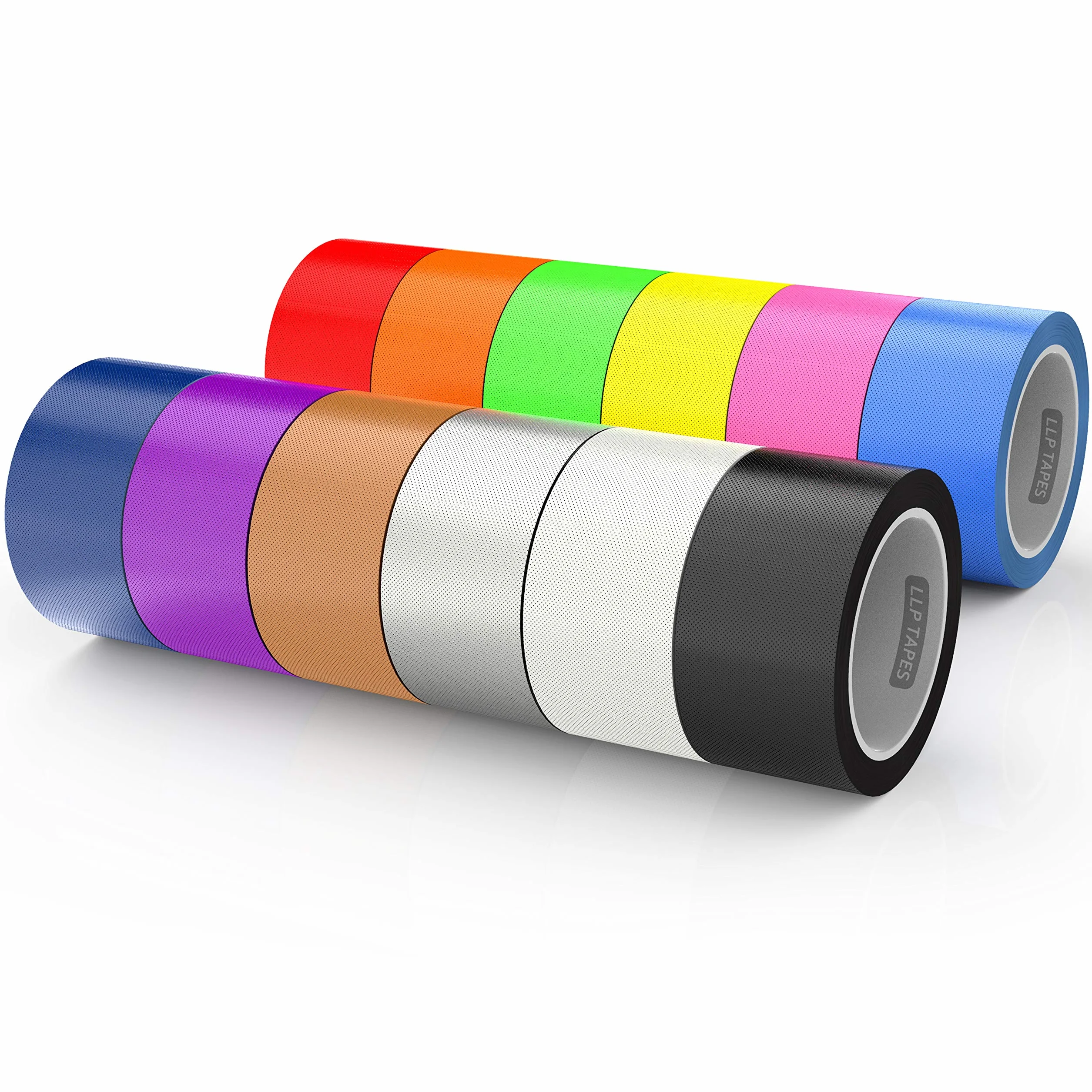 LLPT Rubans Adhésifs en Tissu | 12 Rouleaux | 50mm x 9m | Inclus Bleu Rose Jaune Vert Orange Rouge Noir Blanc Marron Argent Violet | pour Manuels de Décoration Intérieure et Extérieure (DT612)