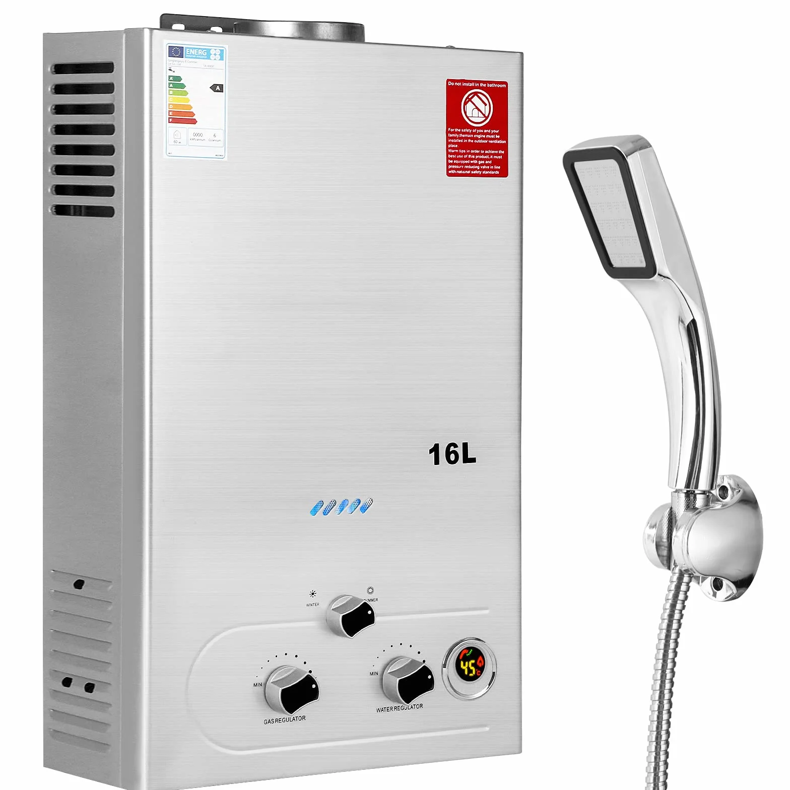 BreeRainz Chauffe-eau à Gaz 16LPM,32KW Chauffe-eau à Gaz GPL Propane Butane,Pression d'eau de Démarrage Super Basse,pour la Maison et I'extérieur
