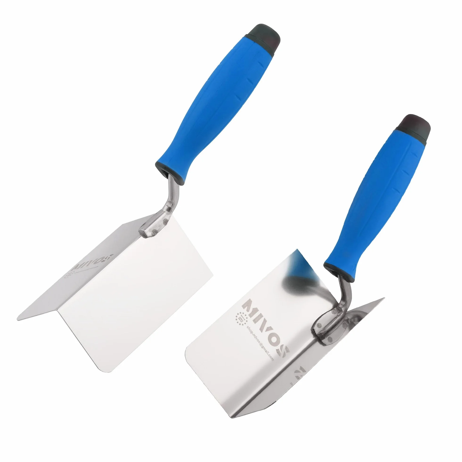 Mivos Lot de 2 Truelles d'Angle en Acier Inoxydable - 120 x 60 mm - Truelle d'Angle Intérieur et Extérieur en INOX - Truelle de Bord avec Poignée Souple - Spatule d'angle - Fabriqué en UE
