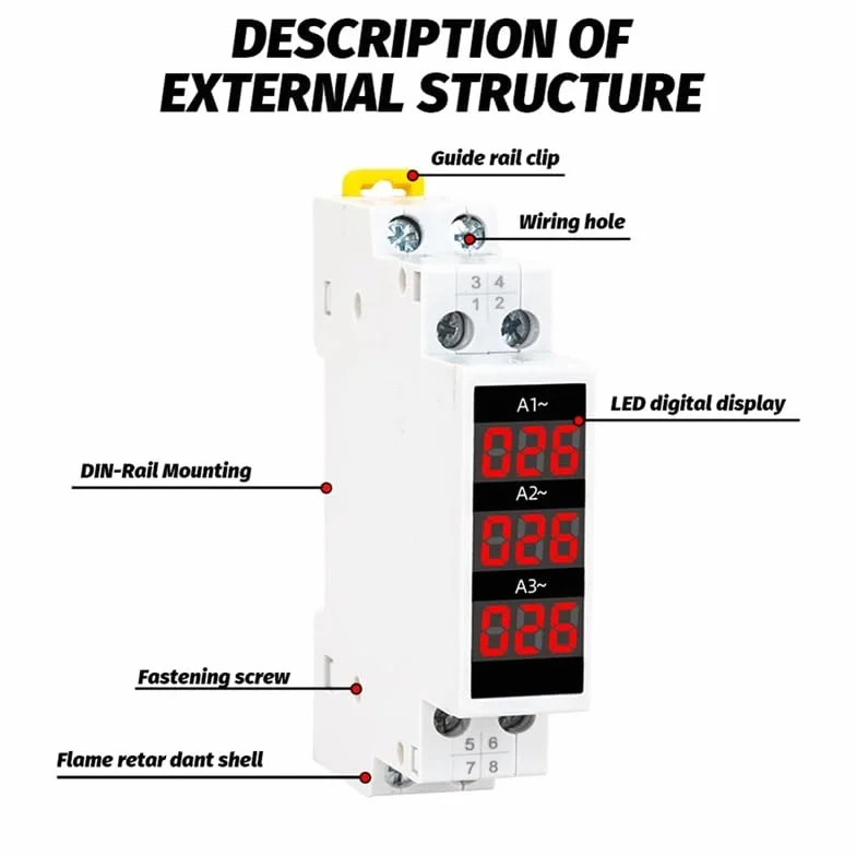 1 ensemble d'amplificateur triphasé avec sur rail DIN, détecteur d'affichage numérique à LED, ampèremètre ABS