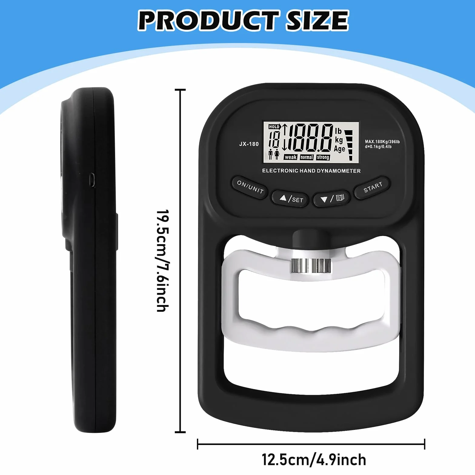 Vegena Dynamomètre de Force Manuelle, 198 Livres/90 Kilogrammes, Dynamomètre de Préhension avec Affichage LED et Câble de Chargement USB, Appareil de Mesure de La Force de La Main